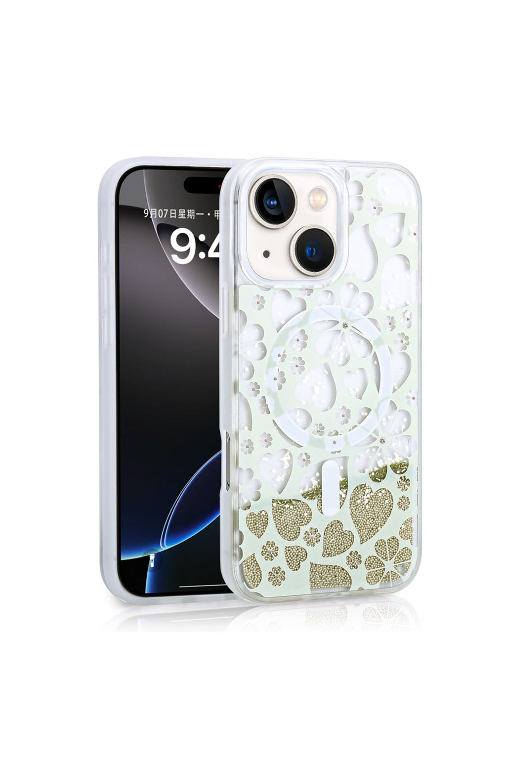 iPhone 15 Kılıf Sıvılı Simli Baskılı Şeffaf Arka Yüzey Zore Mossa Silikon Kapak - Gold