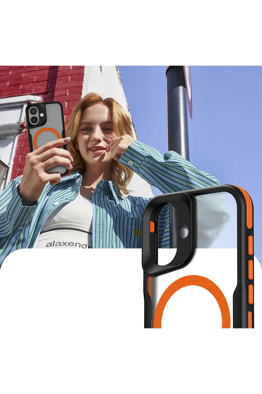 iPhone 16 Plus Uyumlu Magsafe Şarj Özellikli Renkli Kenar Airbag Şeritli Zore Lamer Kapak-Siyah