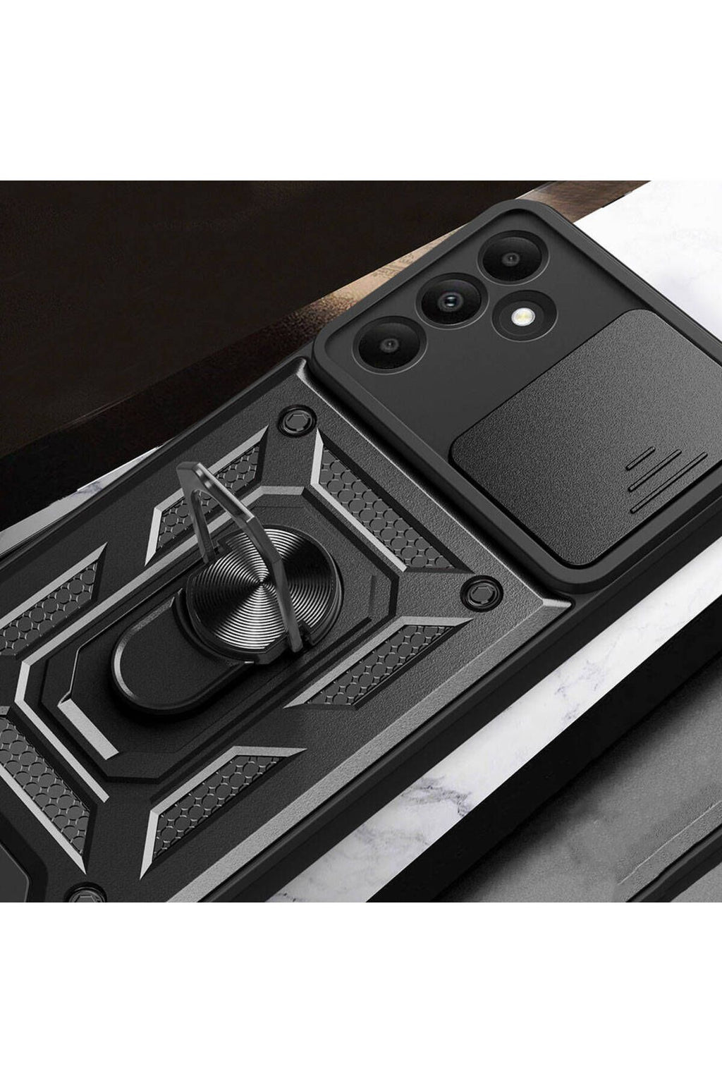 Galaxy A15 Kılıf Magnetik Standlı Kamera Korumalı Zore Sürgülü Vega Kapak - Siyah