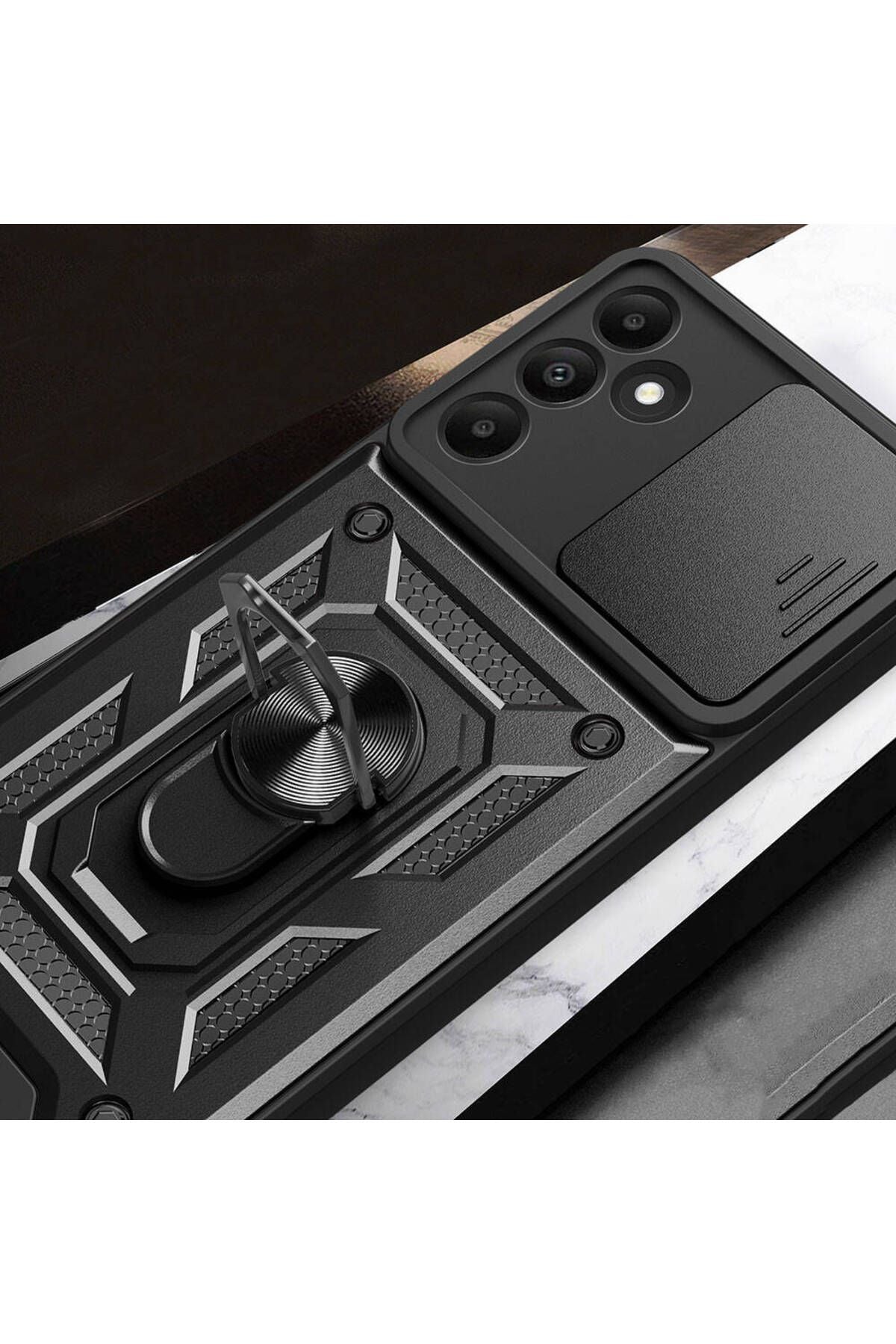 Galaxy A15 Kılıf Magnetik Standlı Kamera Korumalı Zore Sürgülü Vega Kapak - Siyah