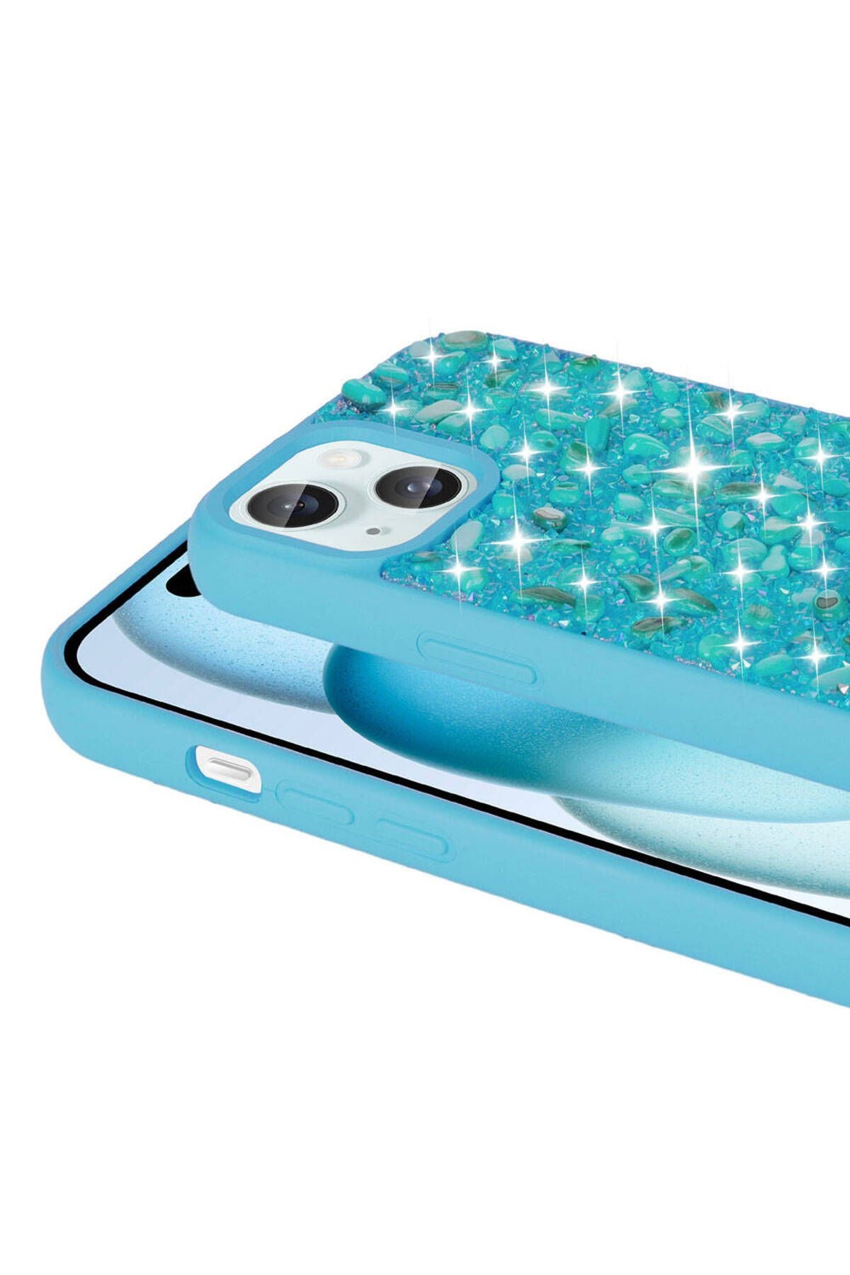 iPhone 15 Uyumlu Parlak Taşlı Tasarım Zore Linea Kılıf-Mavi Açık