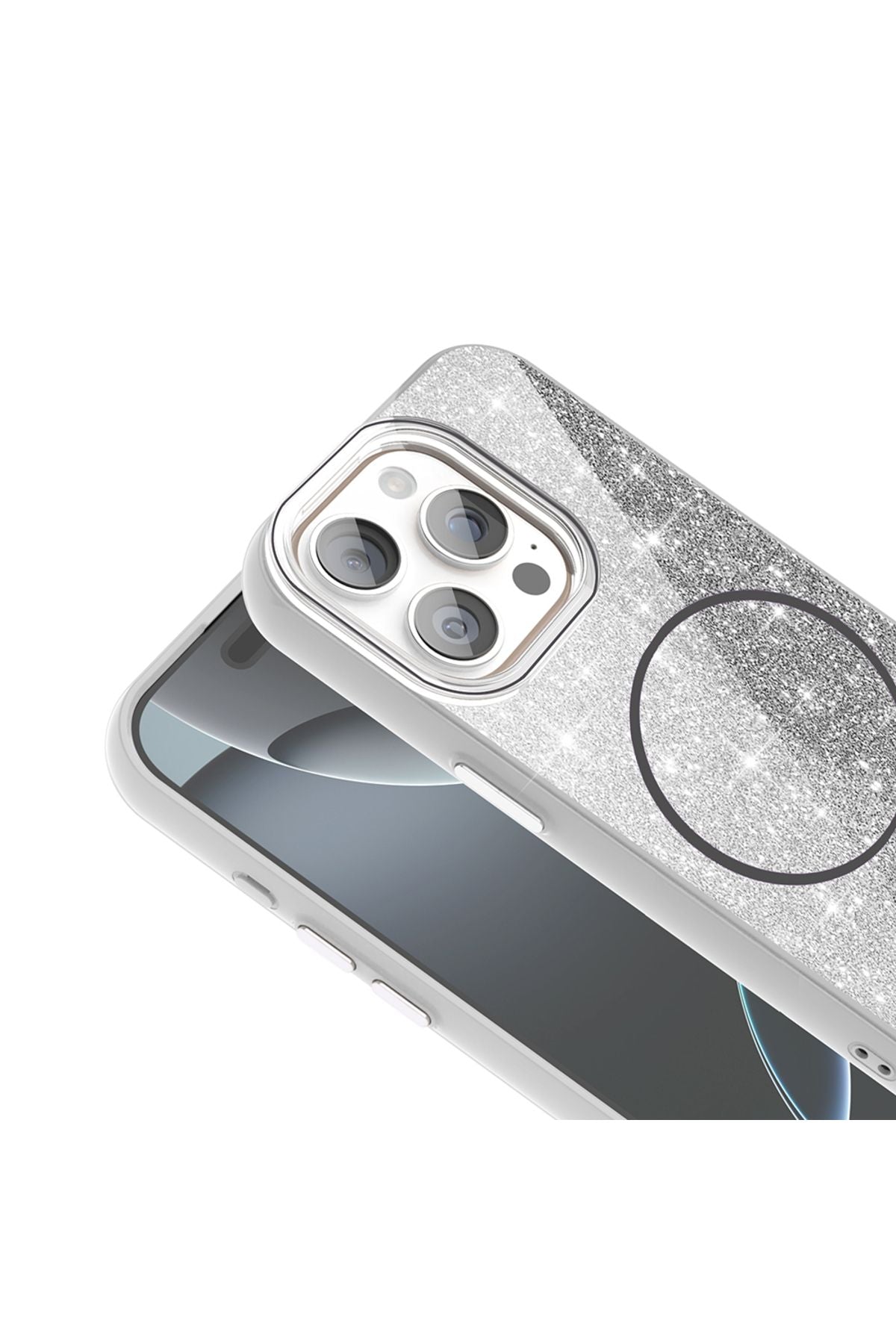 iPhone 15 Pro Kılıf Magsafe Şarj Özellikli Parlayan Simli Zore Okso Kapak - Pembe