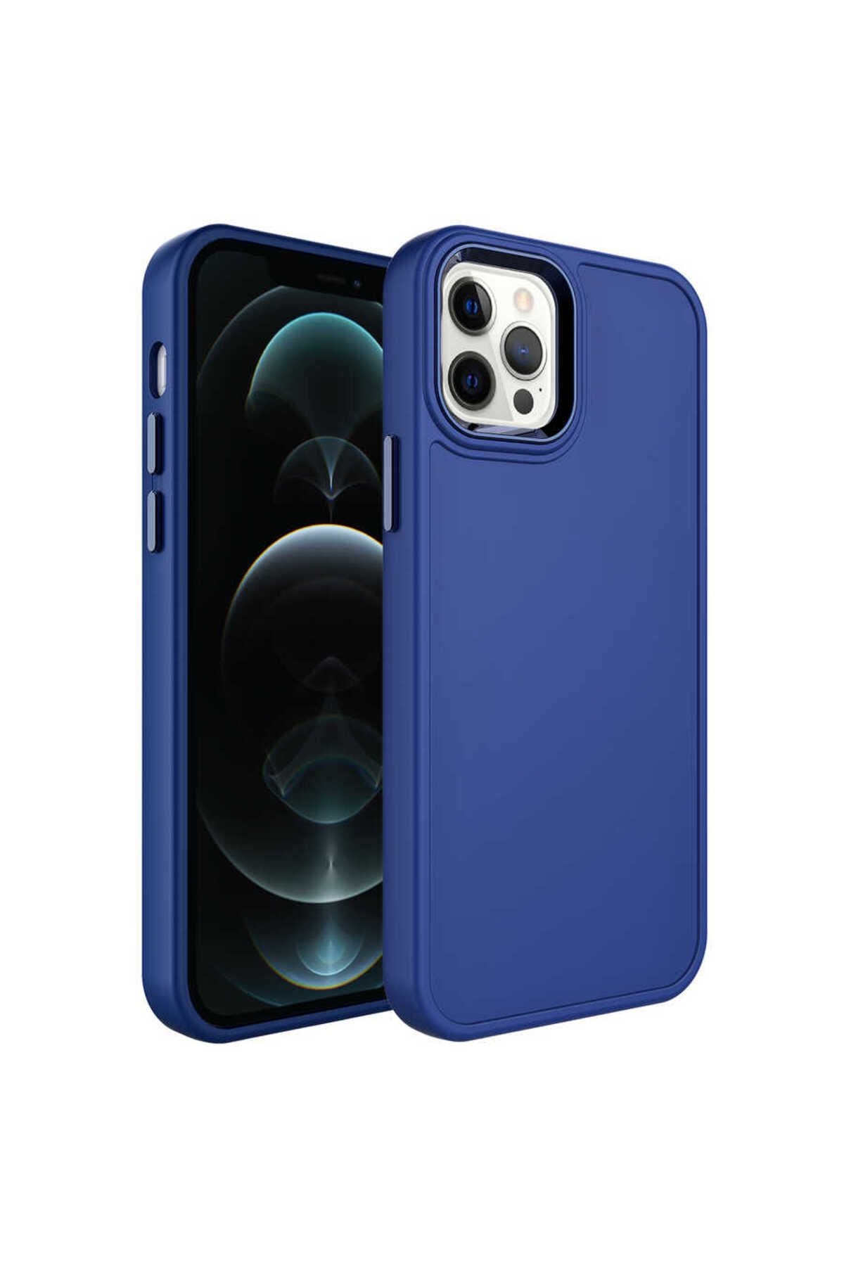 iPhone 14 Pro Uyumlu Metal Çerçeve ve Buton Tasarımlı Sert Zore Botox Kılıf-Lacivert