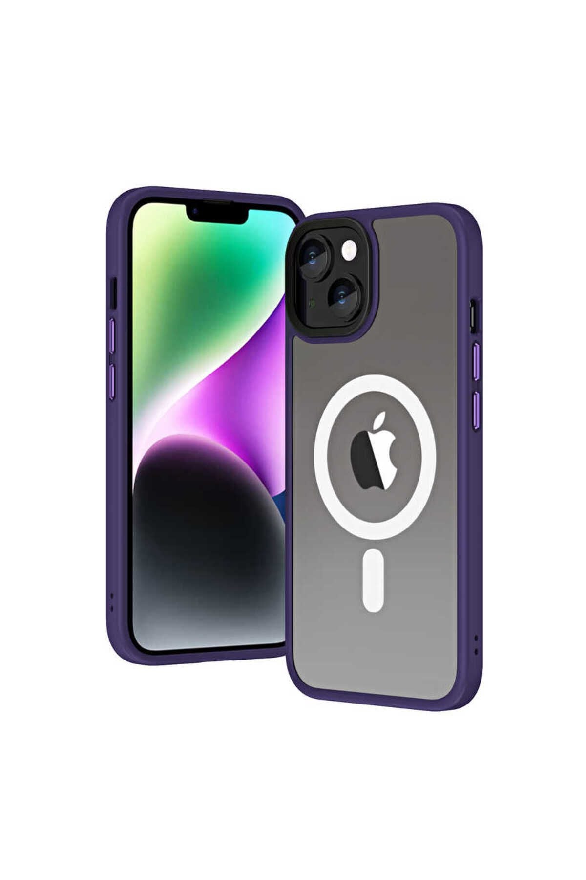 iPhone 14 Uyumlu Wireless Şarj Özellikli Zore Hibrit Magsafe Kılıf-Derin Mor