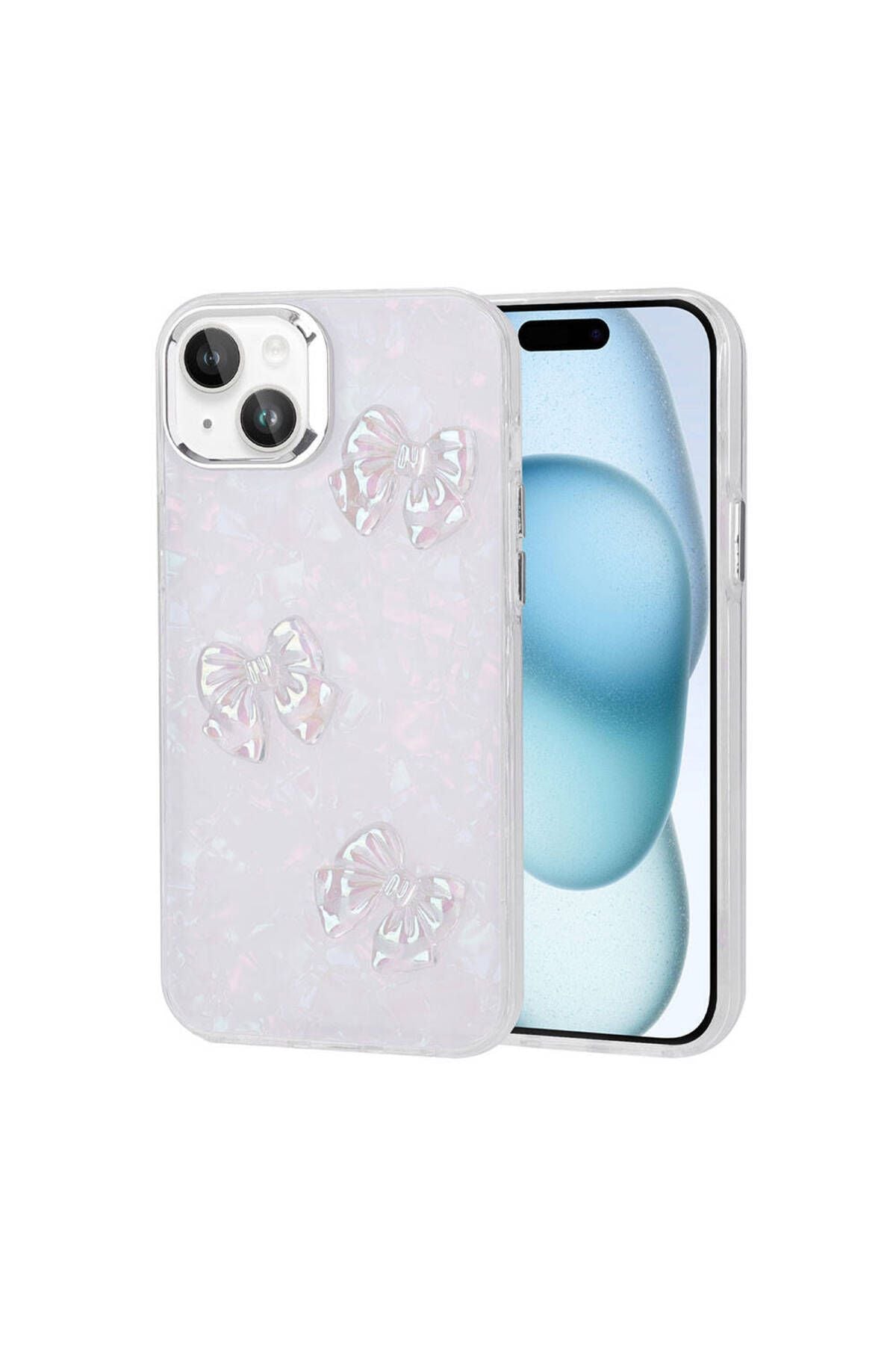 iPhone 15 Uyumlu Kabartma Figürlü Parlak Zore Eralli Silikon Kılıf-Kelebek