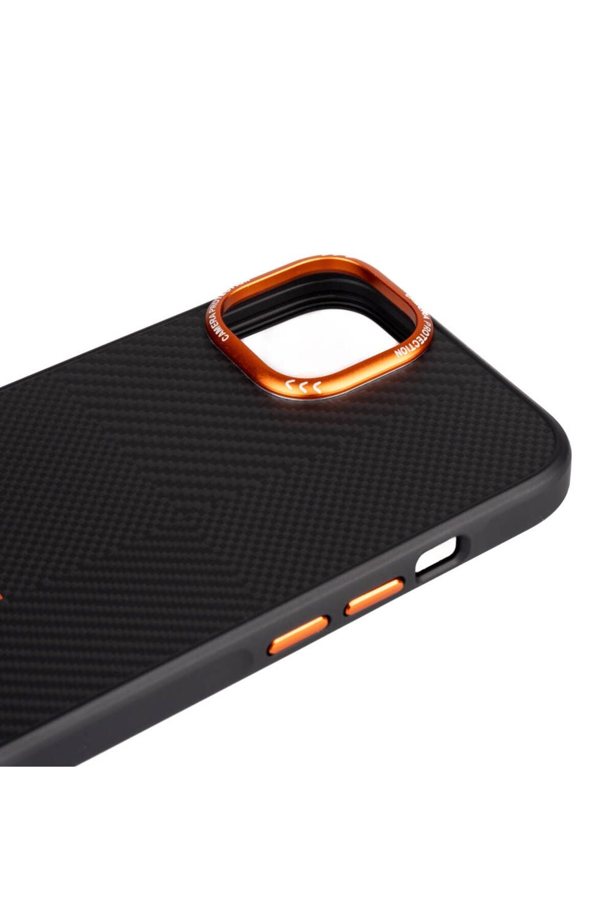 iPhone 15 Kılıf Magsafe Şarj Özellikli Karbon Fiber Görünümlü Zore Kamp Kapak-Turuncu