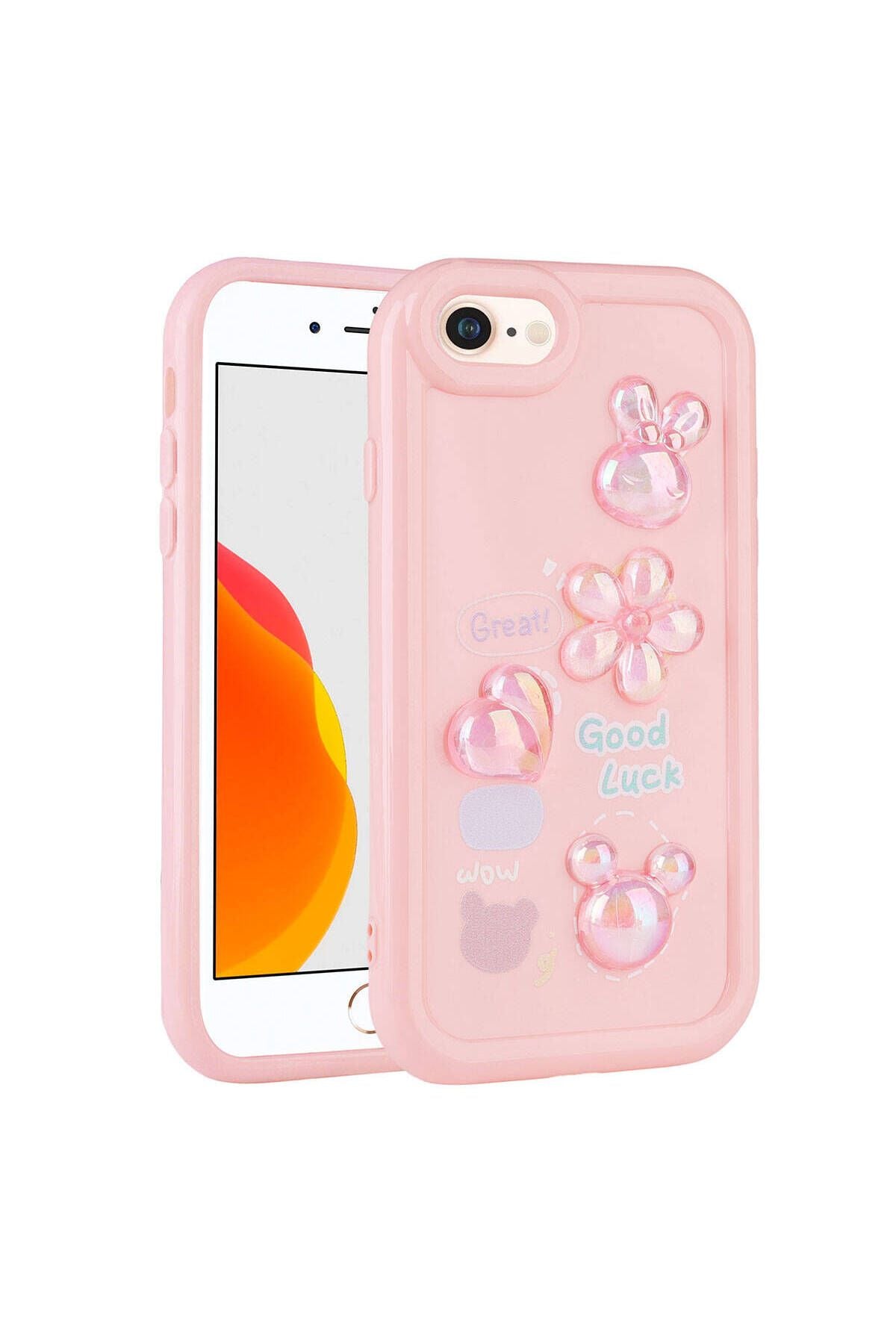 iPhone SE 2022 Uyumlu Kabartma Figürlü Parlak CSM Zore Toys Silikon Kılıf-Pembe