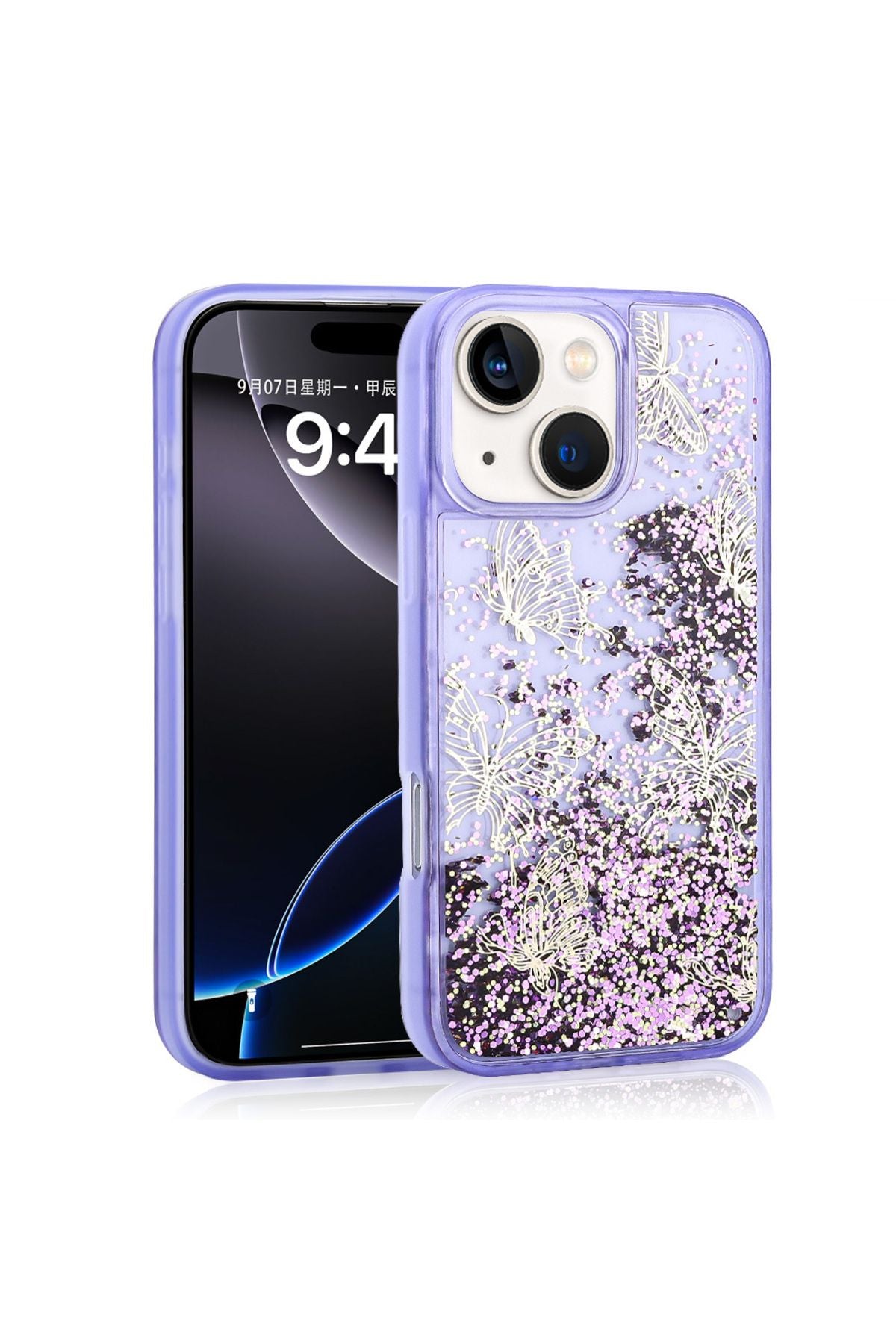 iPhone 15 Uyumlu Kılıf Sıvılı Simli Kelebek Baskılı Şeffaf Arka Yüzey Zore Glis Silikon Kapak-Mor