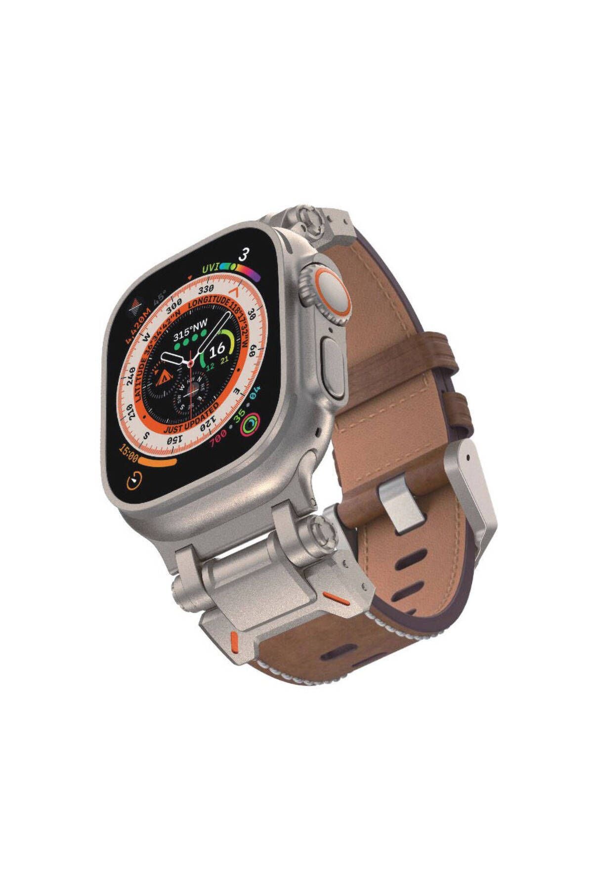 Watch Ultra 49mm CLO- KRD-114 Metal Başlıklı Suni Deri Kordon-Açık Kahve