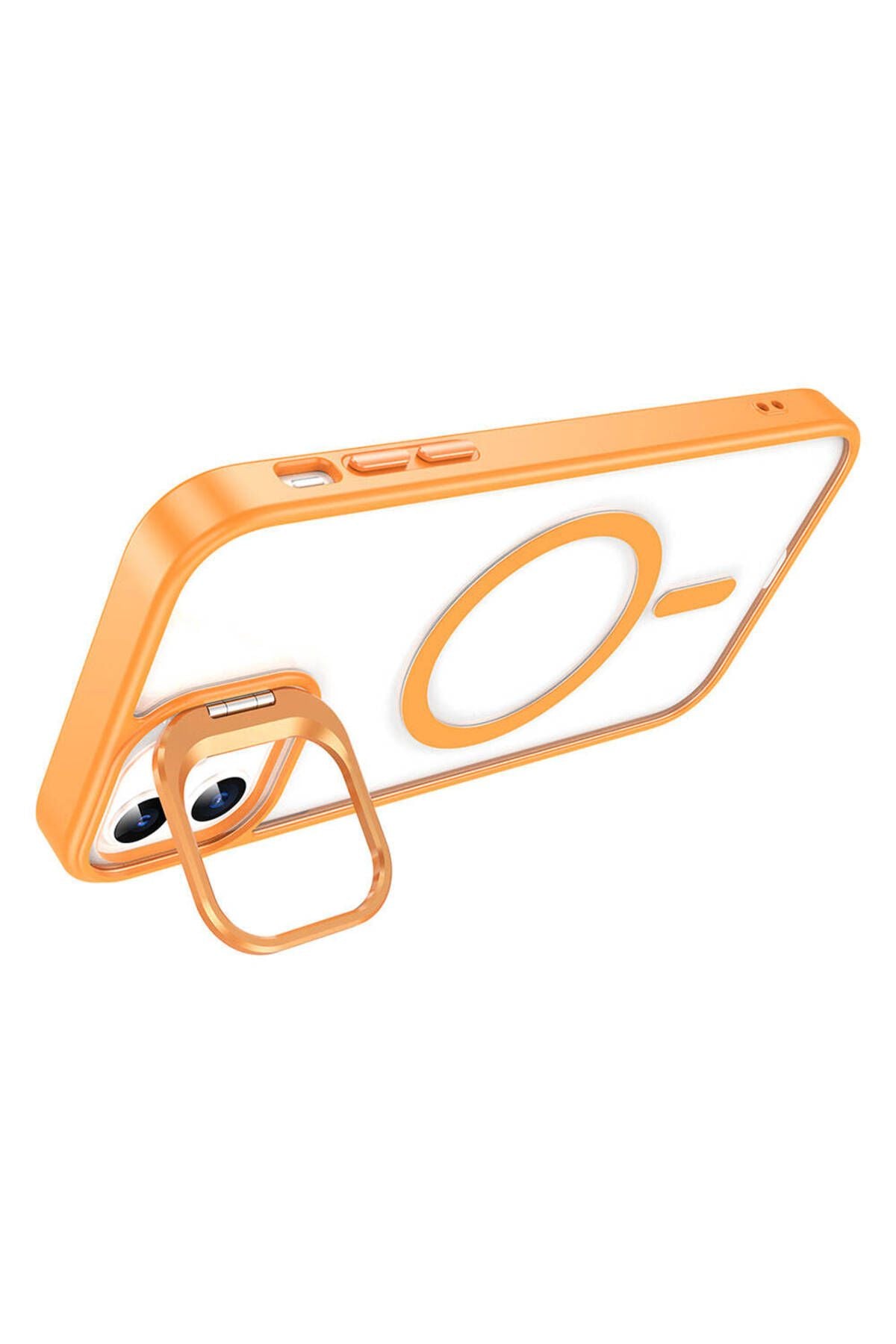 iPhone 15 Kılıf Magsafe Şarj Özellikli Standlı Zore Magsafe Klon Lensli Kapak - Turuncu