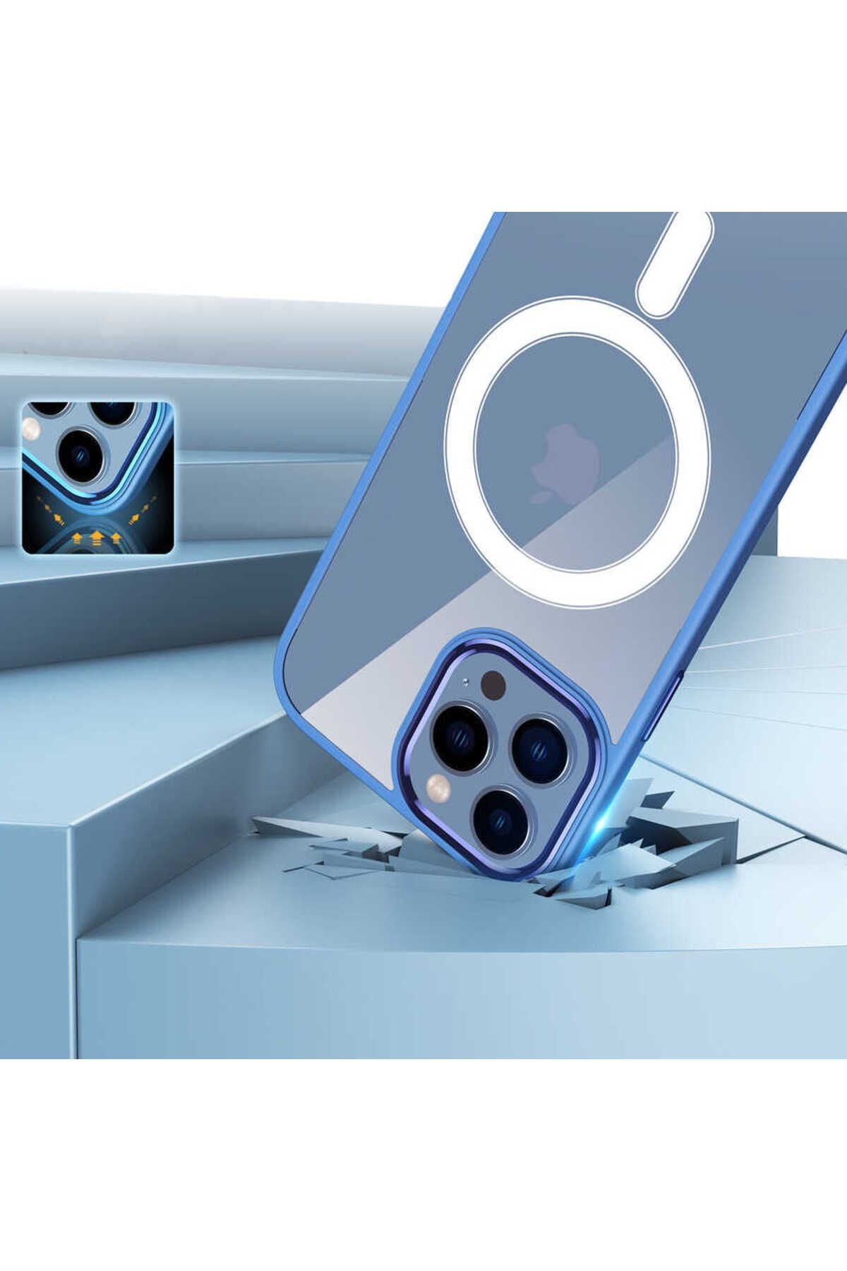 iPhone 14 Pro Uyumlu Wireless Şarj Özellikli Zore Krom Magsafe Silikon Kılıf-Mavi