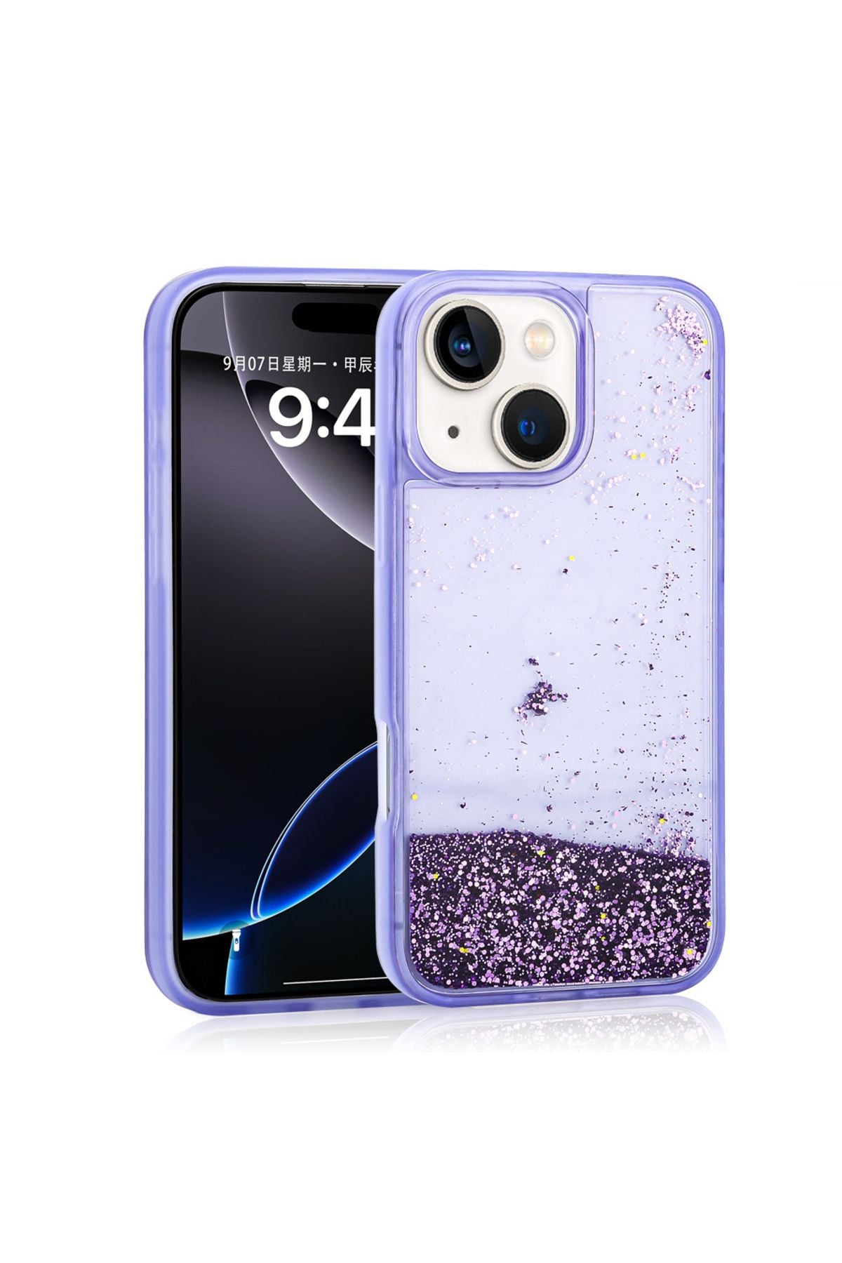 iPhone 15 Uyumlu Kılıf Sıvılı Simli Şeffaf Arka Yüzey Zore Keto Silikon Kapak-Mor