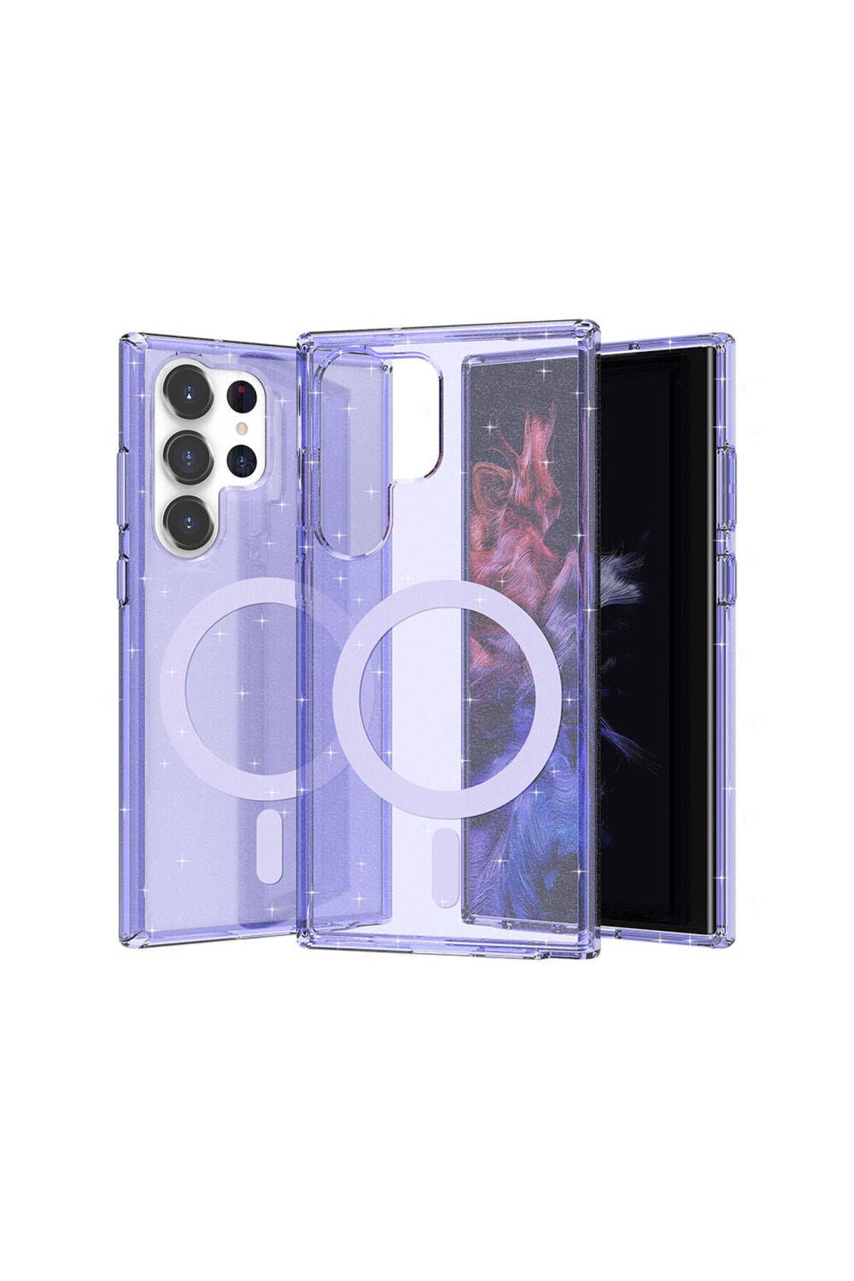 Galaxy S23 Ultra Kılıf Magsafe Şarj Özellikli Parlayan Simli Saydam Renkli Zore Allstar Kapak - Pemb