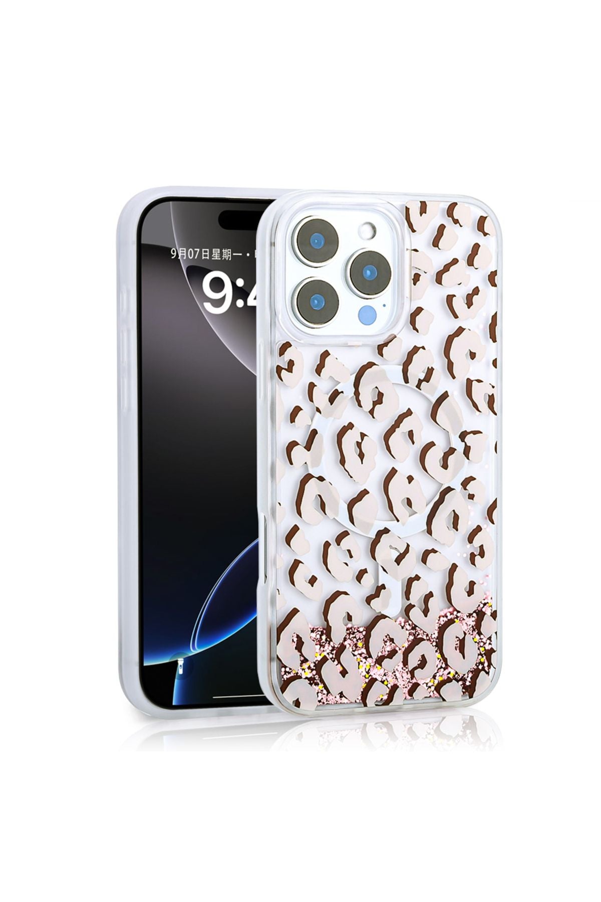 iPhone 16 Pro Max Uyumlu Kılıf Sıvılı Simli Baskılı Şeffaf Arka Yüzey Zore Mossa Silikon Kapak-Pembe