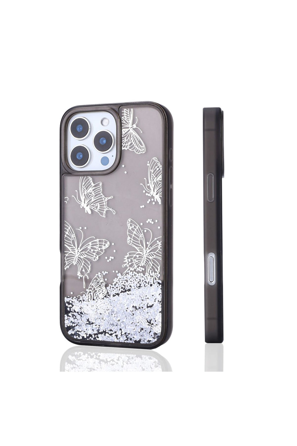 iPhone 15 Pro Max Kılıf Sıvılı Simli Kelebek Baskılı Şeffaf Arka Yüzey Zore Glis Silikon Kapak - Mor