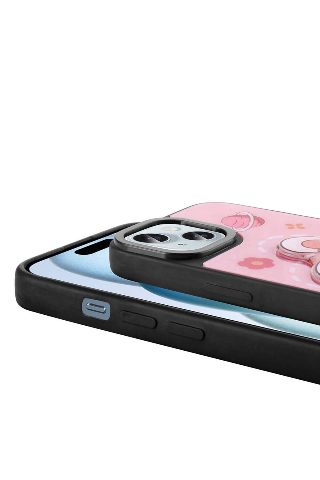 iPhone 15 Kılıf Parlayan Kabartmalı İkonik Figürlü Zore Amas Silikon Kapak - Pembe