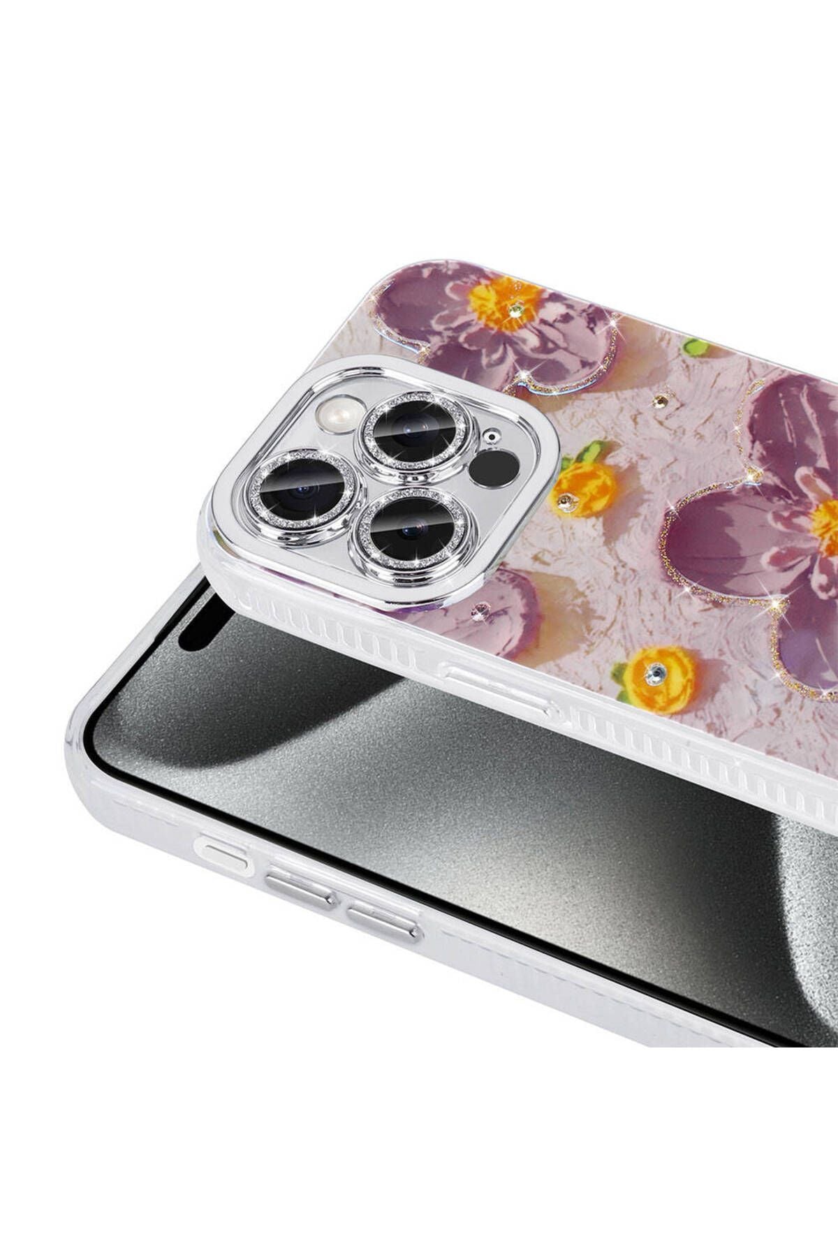 iPhone 15 Pro Max Kılıf Çiçek Desenli Parlak Taşlı Sert Silikon Zore Garden Kapak - Colorful