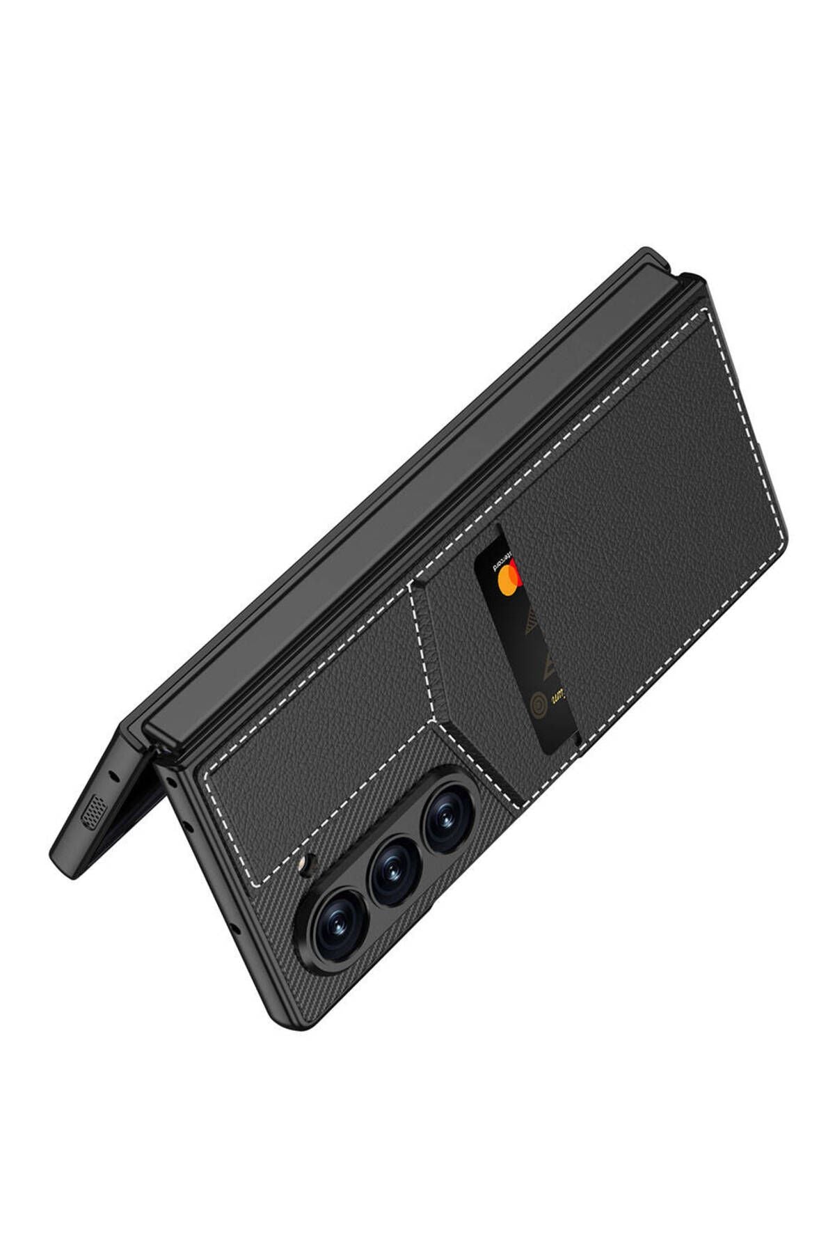 Galaxy Z Fold 6 Kılıf Karbon Fiber Deri Kartlıklı Kıpta Dik Açılan Kartlıklı Kapak