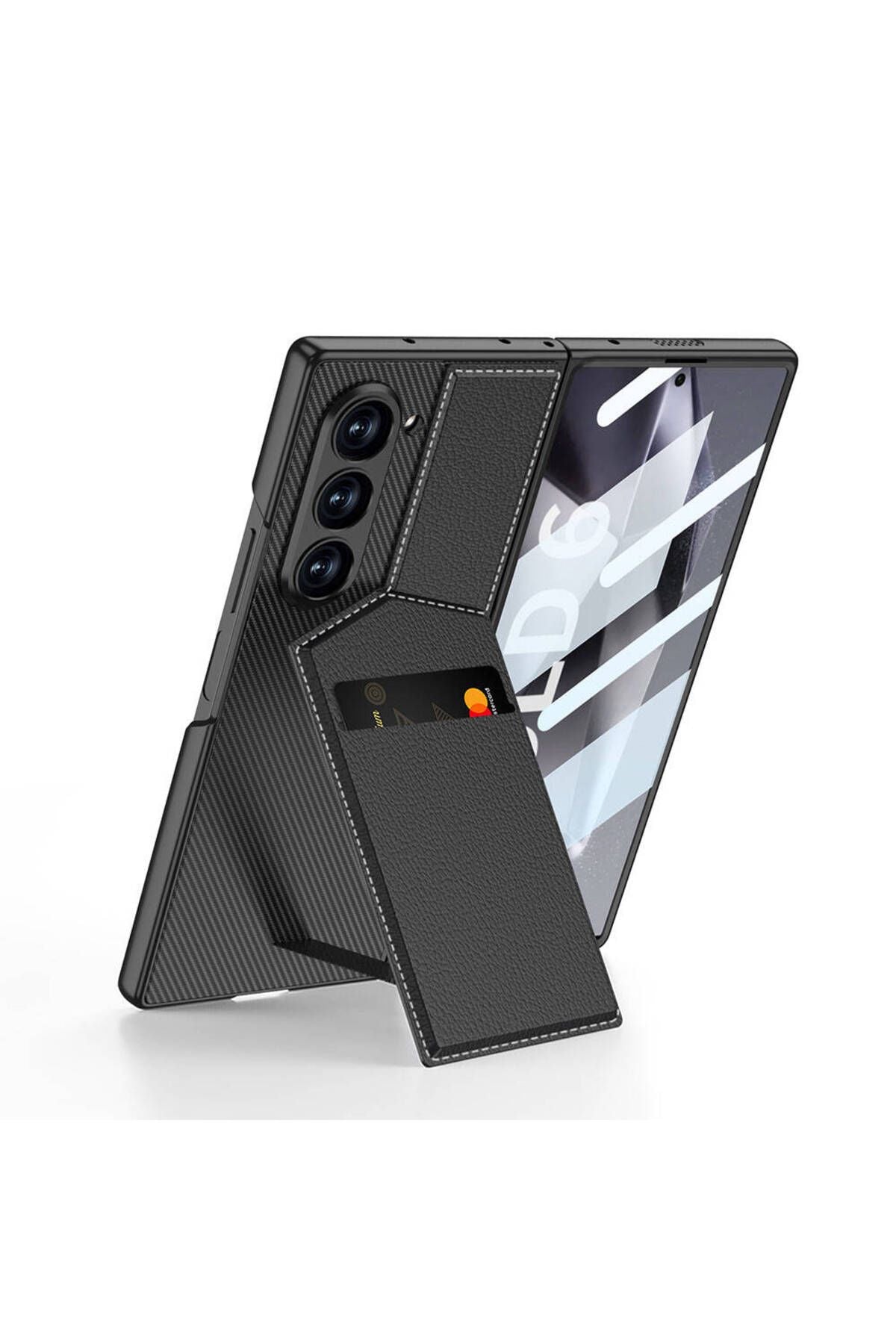 Galaxy Z Fold 6 Kılıf Karbon Fiber Deri Kartlıklı Kıpta Dik Açılan Kartlıklı Kapak