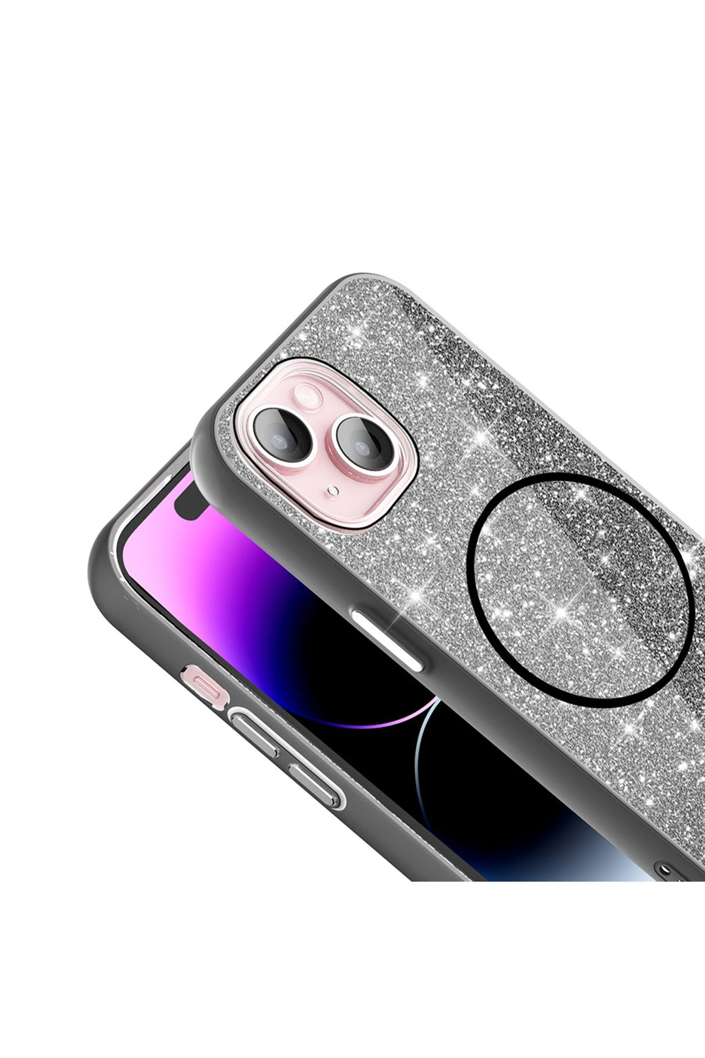 iPhone 15 Plus Kılıf Magsafe Şarj Özellikli Parlayan Simli Zore Okso Kapak - Siyah