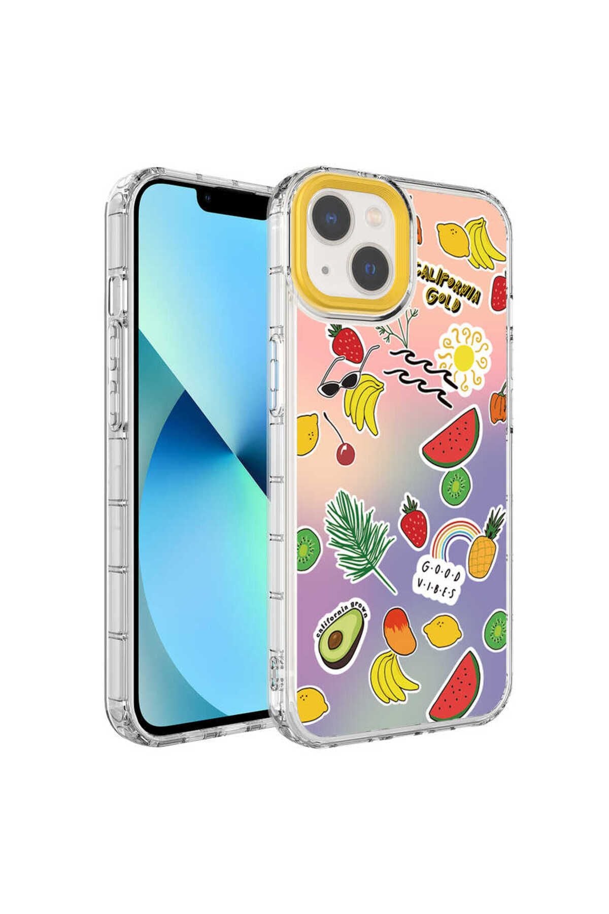 iPhone 14 Uyumlu Kamera Korumalı Renkli Desenli Sert Silikon Zore Korn Kılıf-NO4