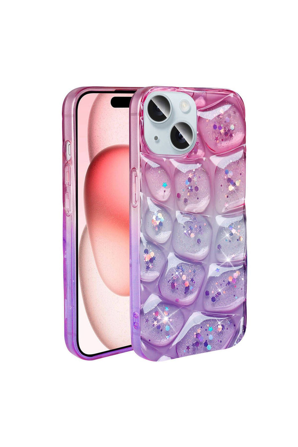 iPhone 15 Kılıf Simli 3D Desenli Zore Hacar Kapak - Pembe-Mor