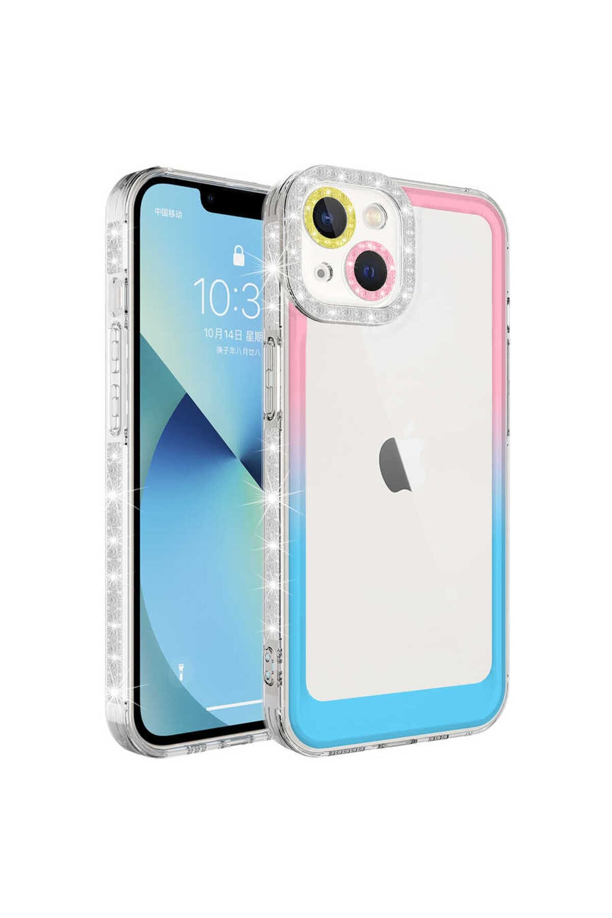 iPhone 14 Uyumlu Simli ve Renk Geçiş Tasarımlı LZore Korumalı Zore Park Kılıf-Pembe-Mavi