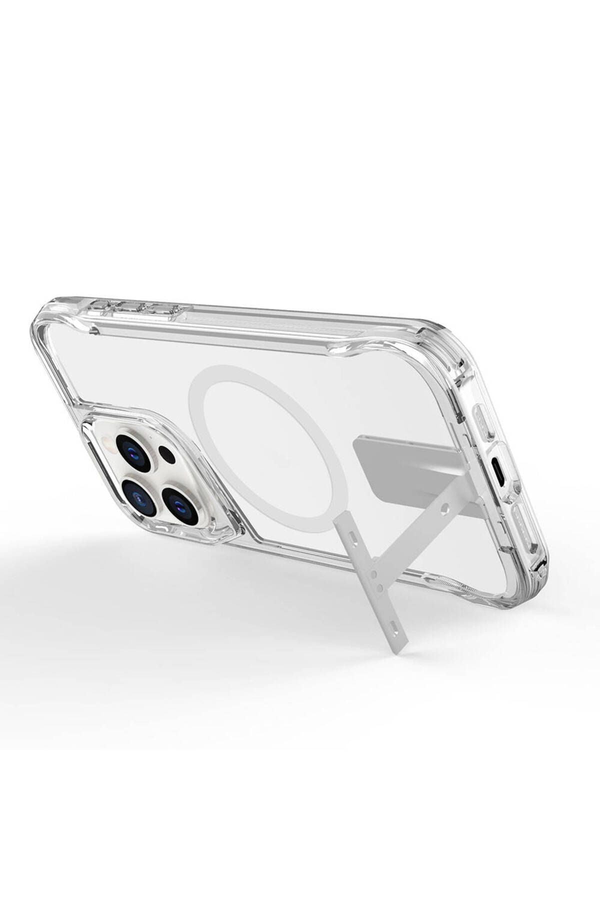 iPhone 15 Pro Uyumlu Magsafe Şarj Özellikli Zore T-Max Standlı Kılıf-Renksiz
