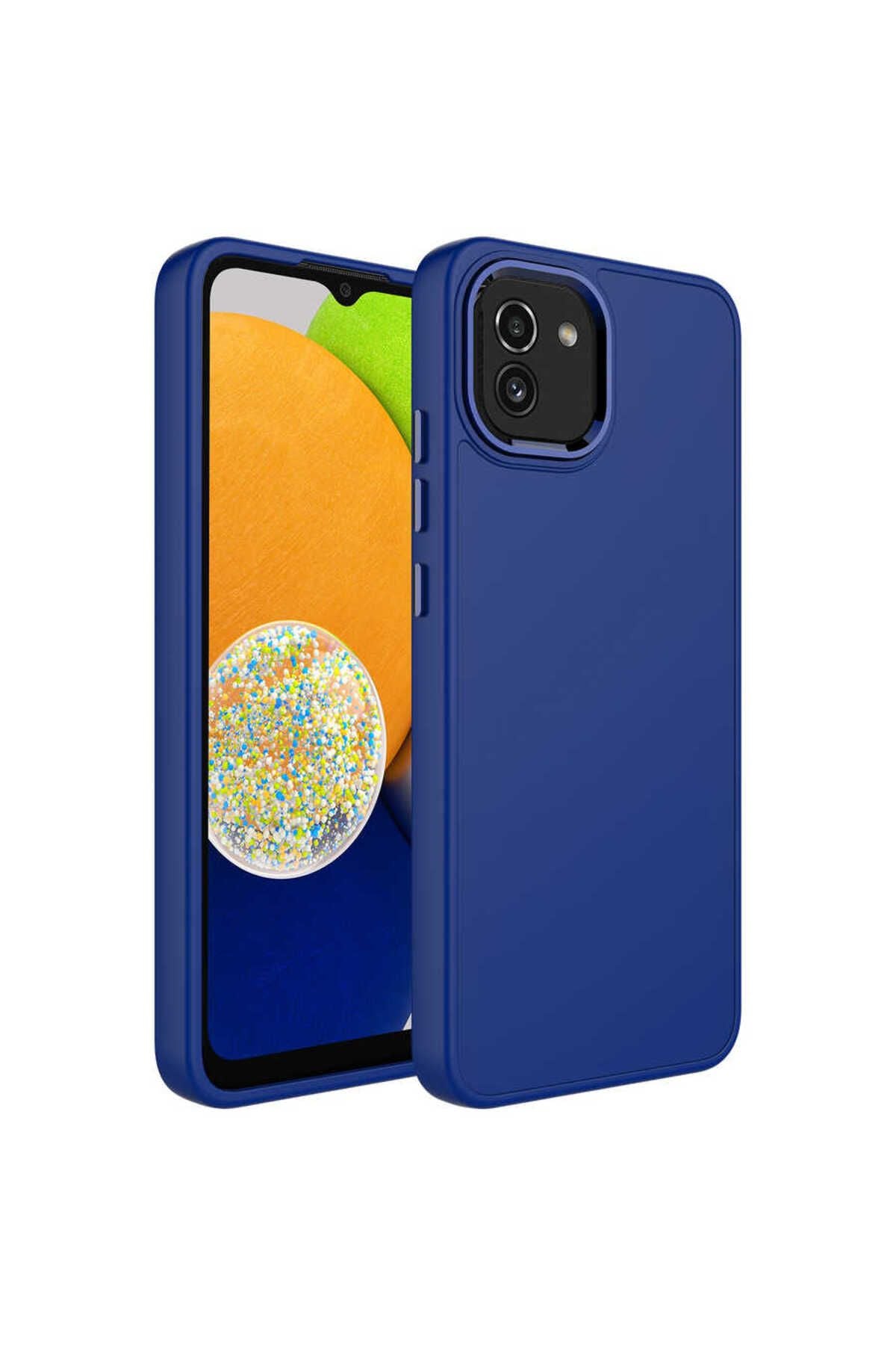 Galaxy A03 Kılıf Metal Çerçeve ve Buton Tasarımlı Silikon Zore Luna Kapak - Sierra Mavi