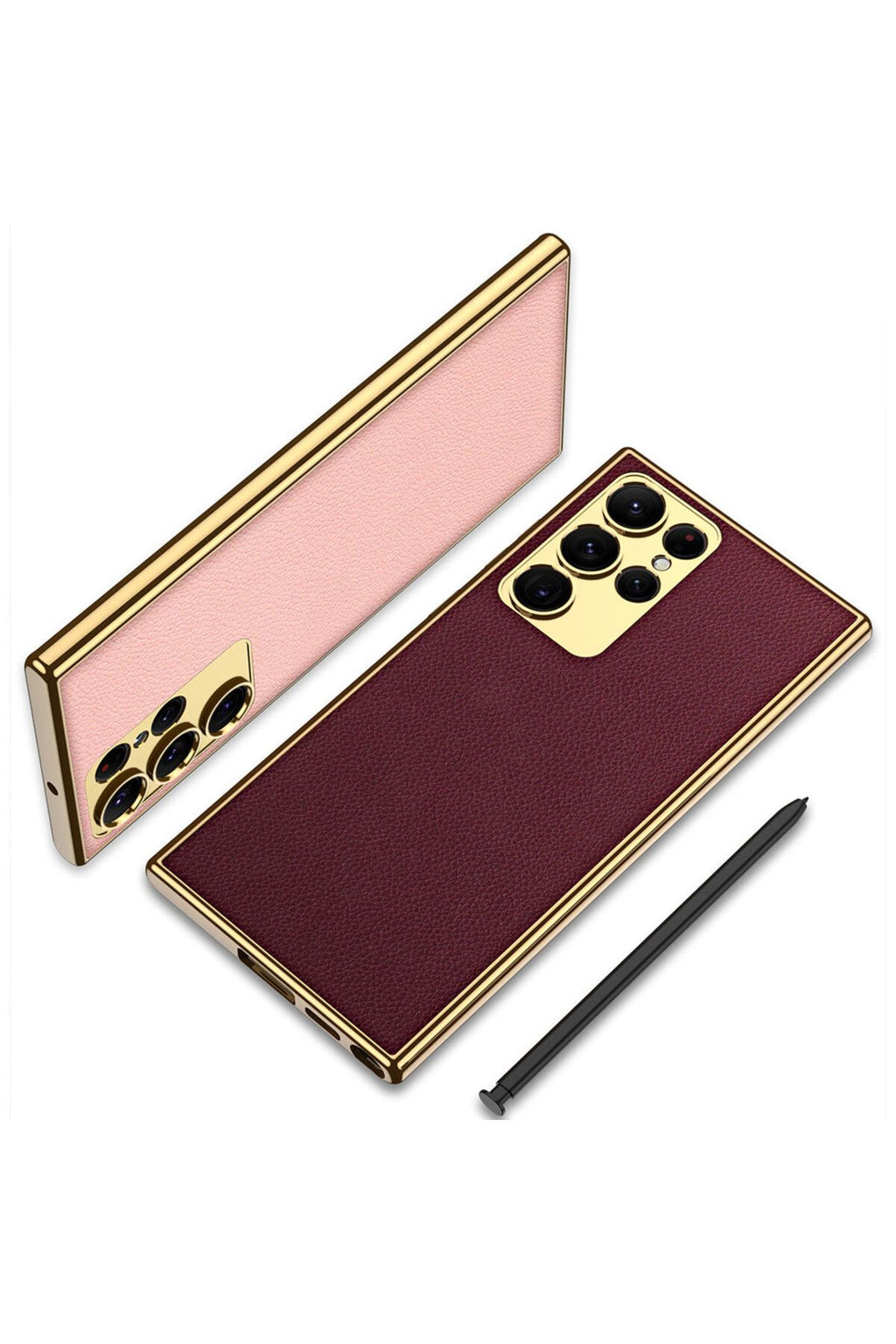 Galaxy S23 Ultra Uyumlu Deri Görünümlü Kenarları Elektroplating Kaplama Zore Fizyon Kılıf-Kı