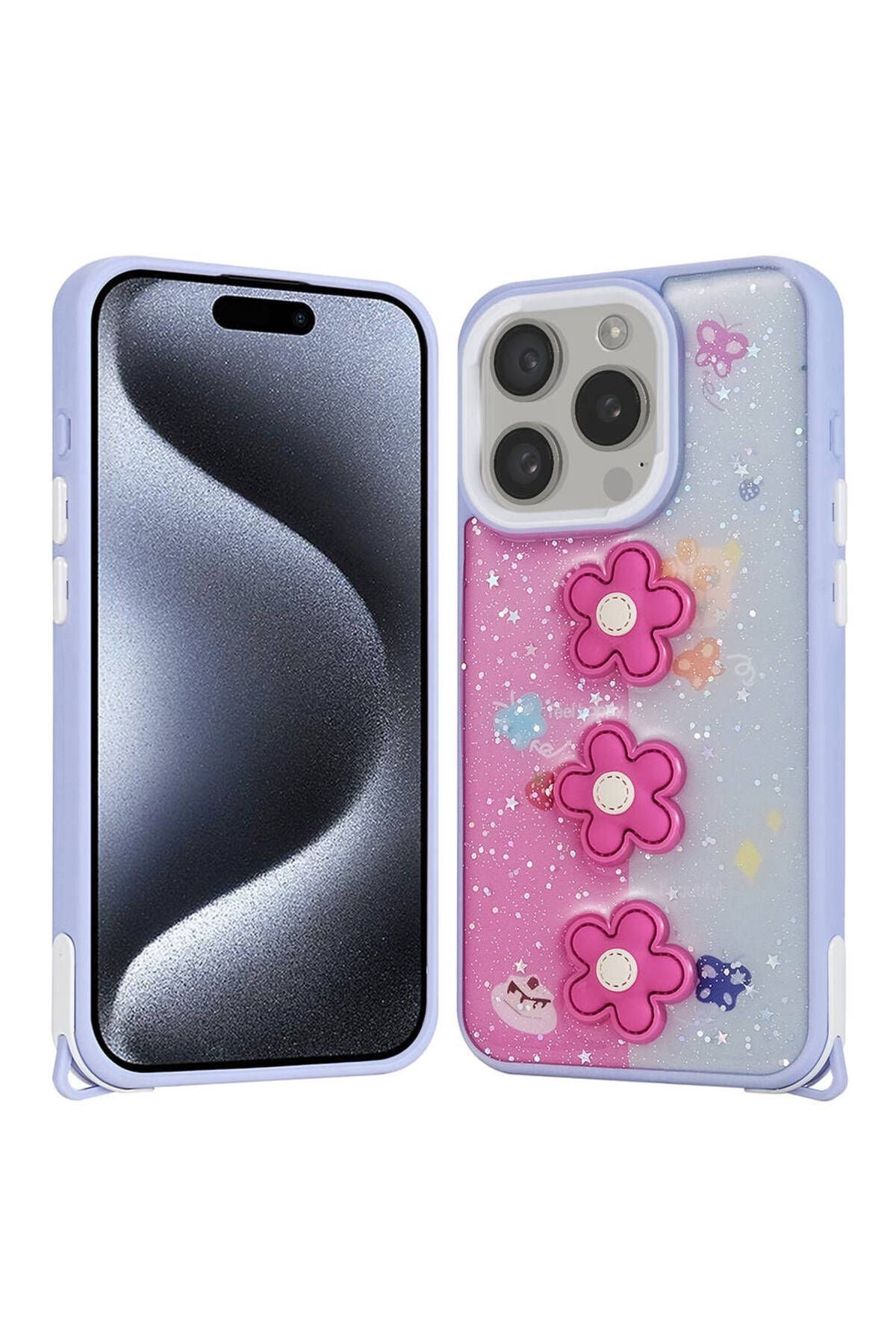 iPhone 15 Pro Kılıf Parlayan Sıvılı Simli Kabartma Figürlü Zore Cevze Kapak-Mor PaNSM-ya