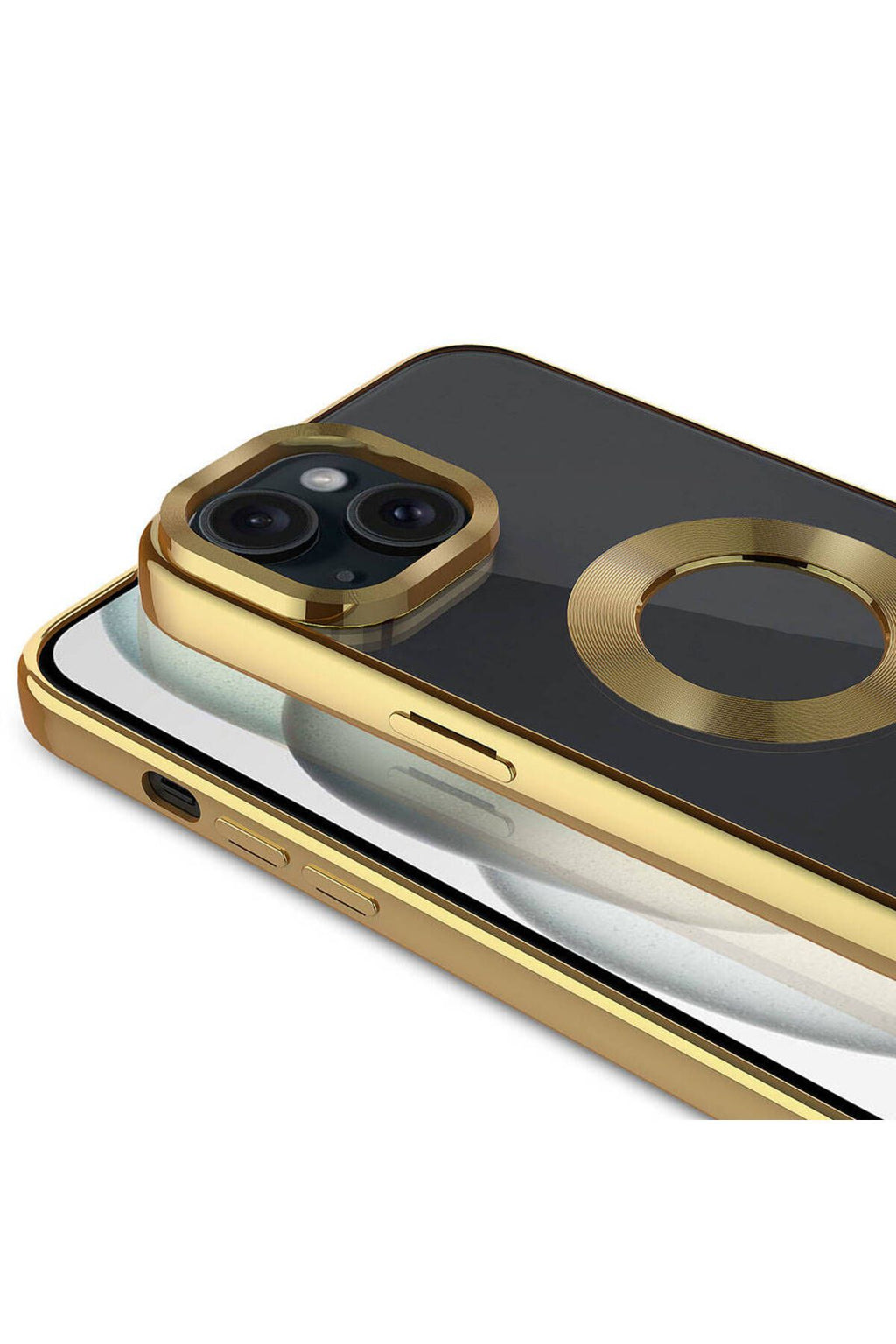 iPhone 15 Uyumlu Tek Kamera Çerçeveli Logo Gösteren Zore Omega Kılıf-Gold