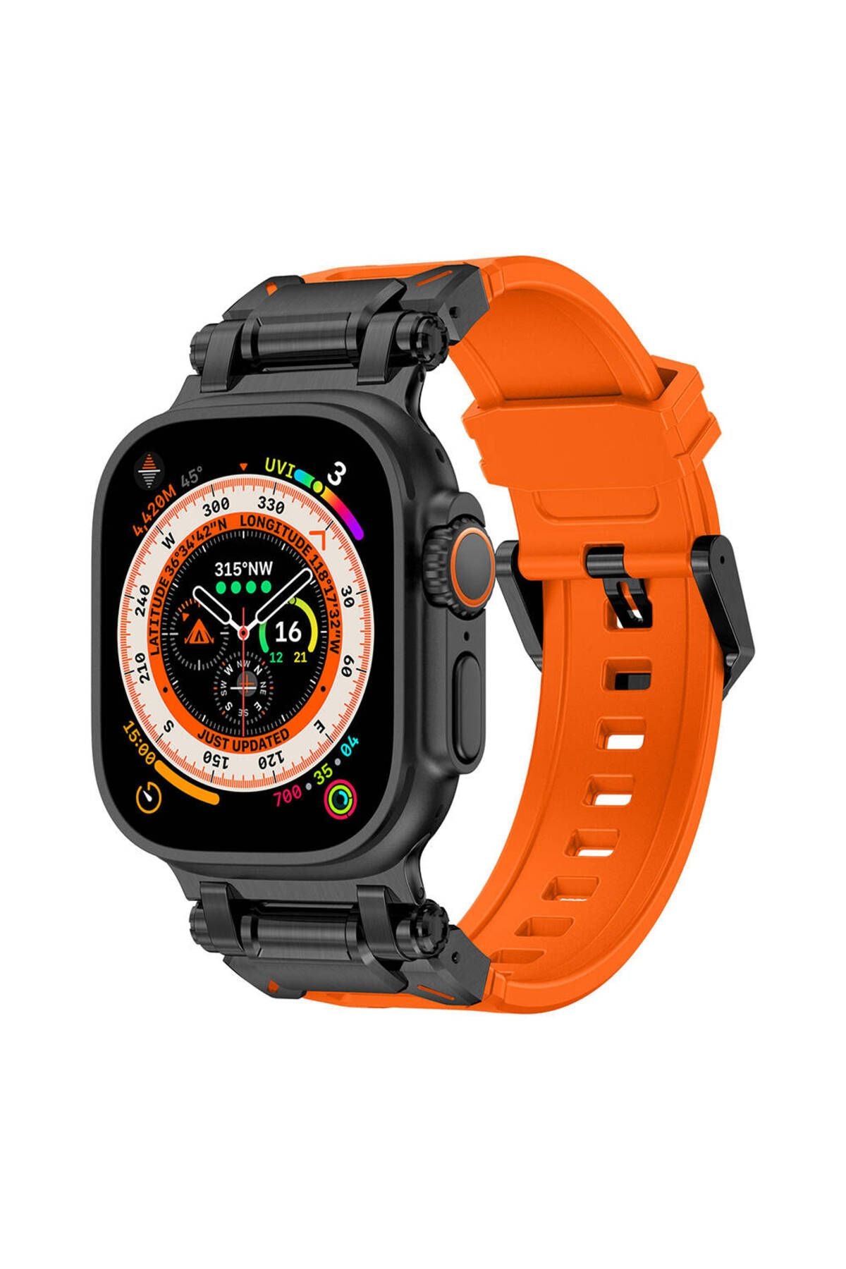Watch Ultra 49mm CLO- KRD-101 Titanyum Metal Başlıklı Silikon Kordon-Siyah
