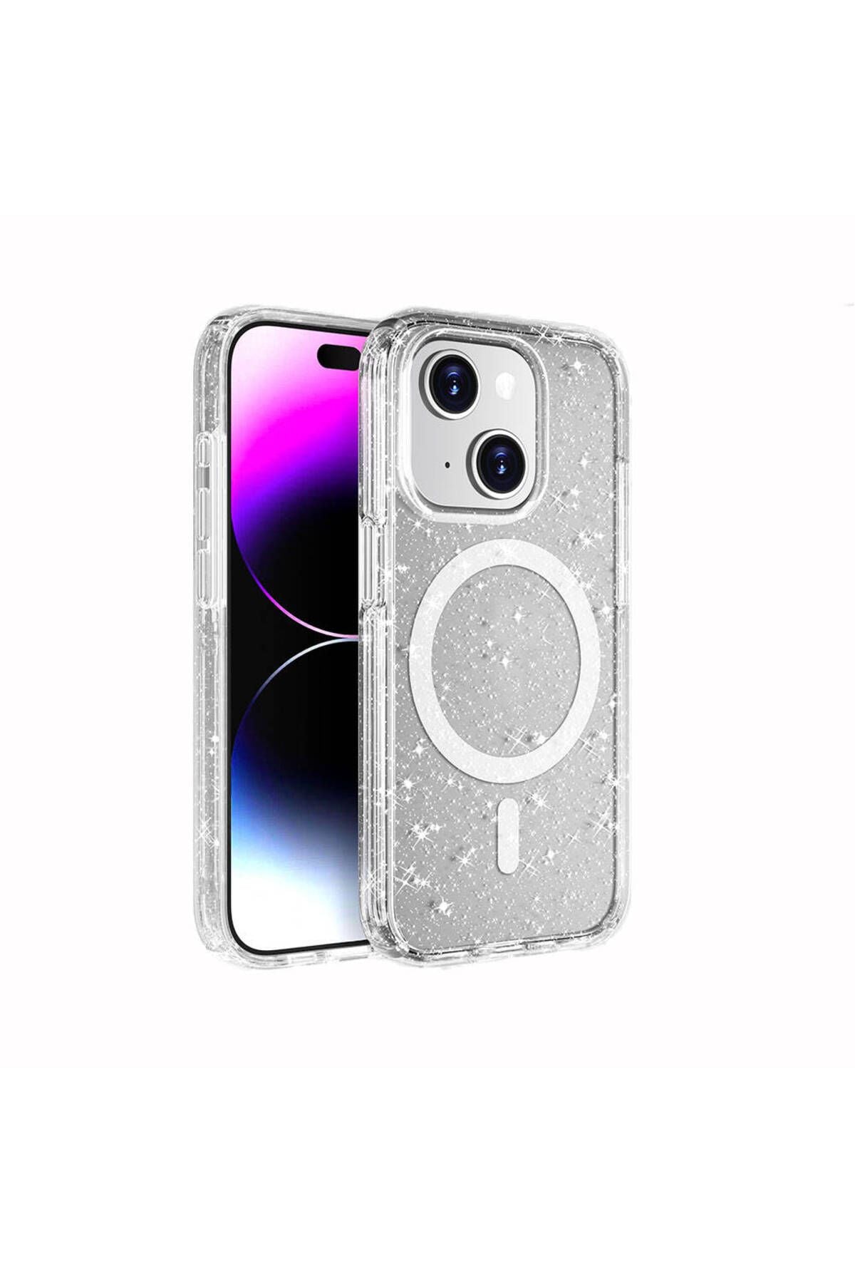 iPhone 15 Plus Kılıf Magsafe Şarj Özellikli Parlayan Simli Saydam Renkli Zore Allstar Kapak - Mor