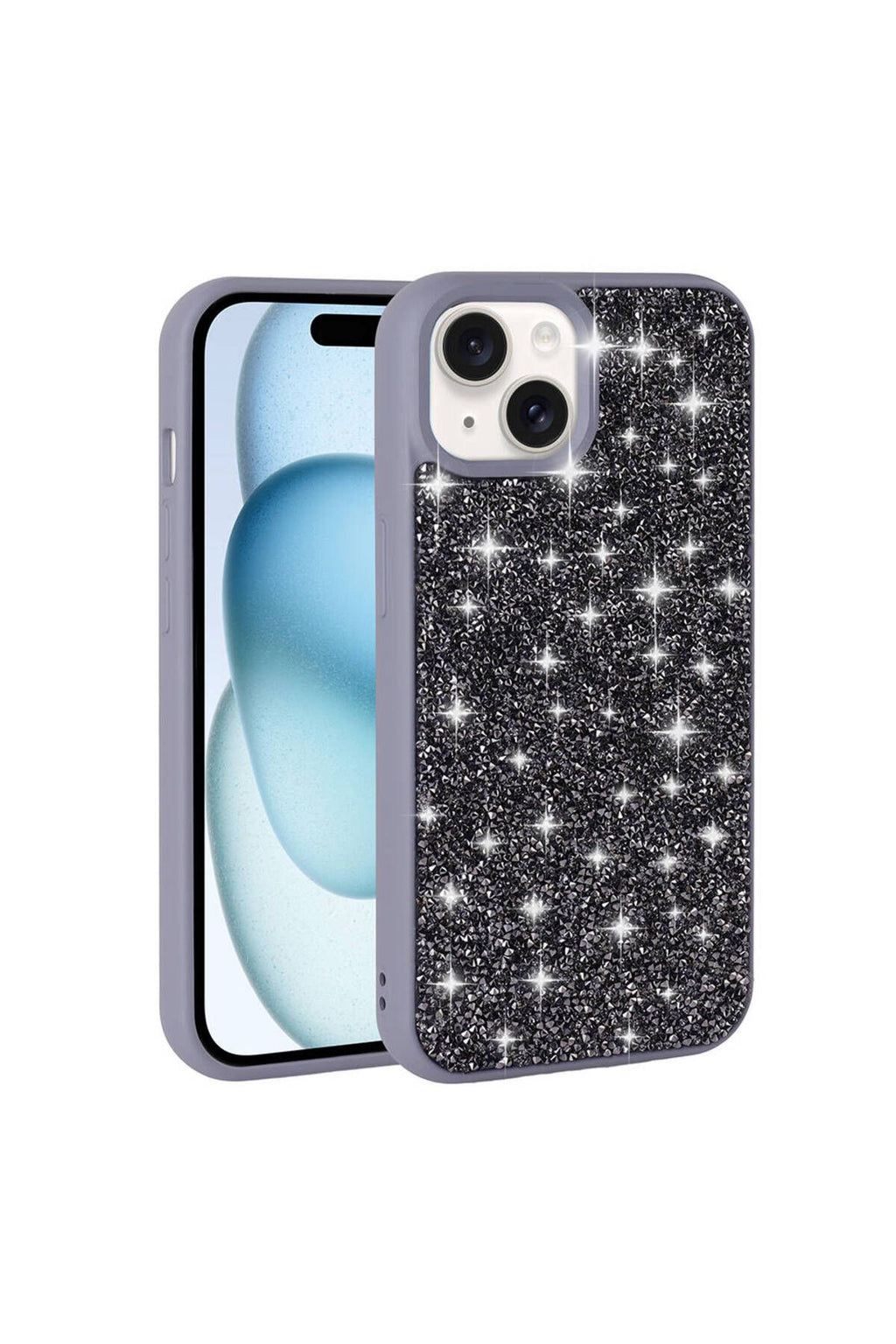 iPhone 15 Uyumlu Parlak Taşlı Tasarım Pırlanta Zore Kılıf-Gri