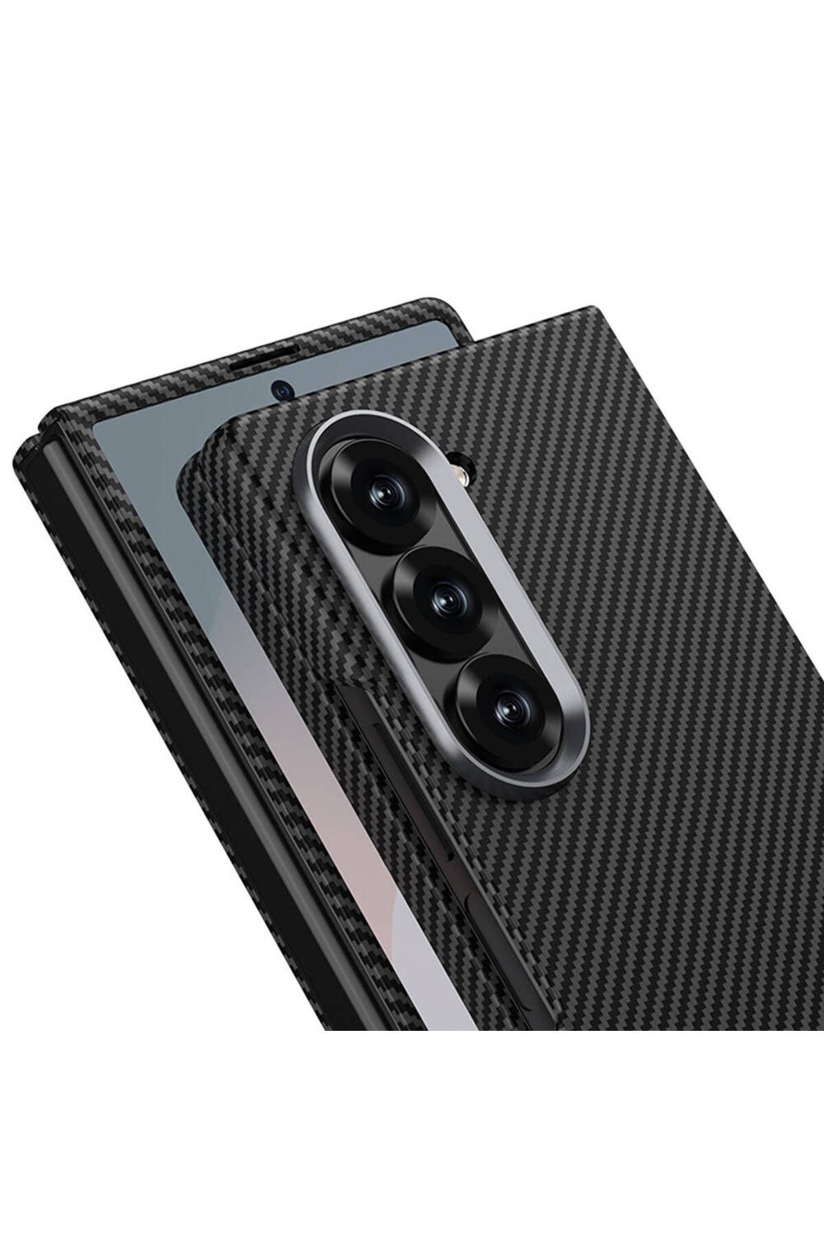 Galaxy Z Fold 6 Uyumlu Kamera Korumalı Karbon Fiber Tasarımlı Arka Yüzey Zore Kıpta Karbon Kapak