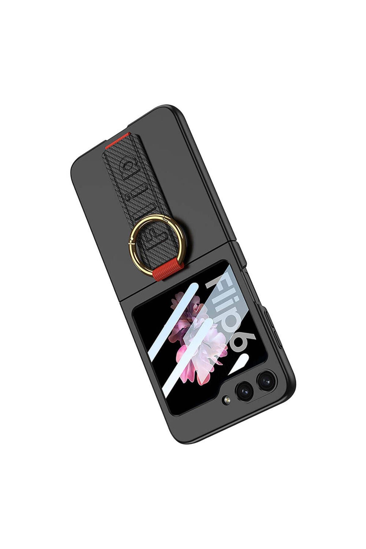 Galaxy Z Flip 6 Kılıf Kamera Korumalı Yüzüklü Karbon Tasarımlı Zore Flip Ring Kıpta Kapak-Gri-Yeşil