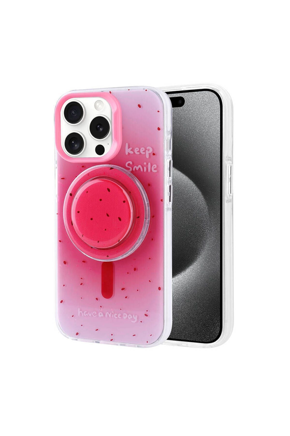 iPhone 15 Pro Max Zore Magsafe Şarj Özellikli Tak-Çıkar Pop Soketli Zore Tiktok Kılıf-Pembe Koyu