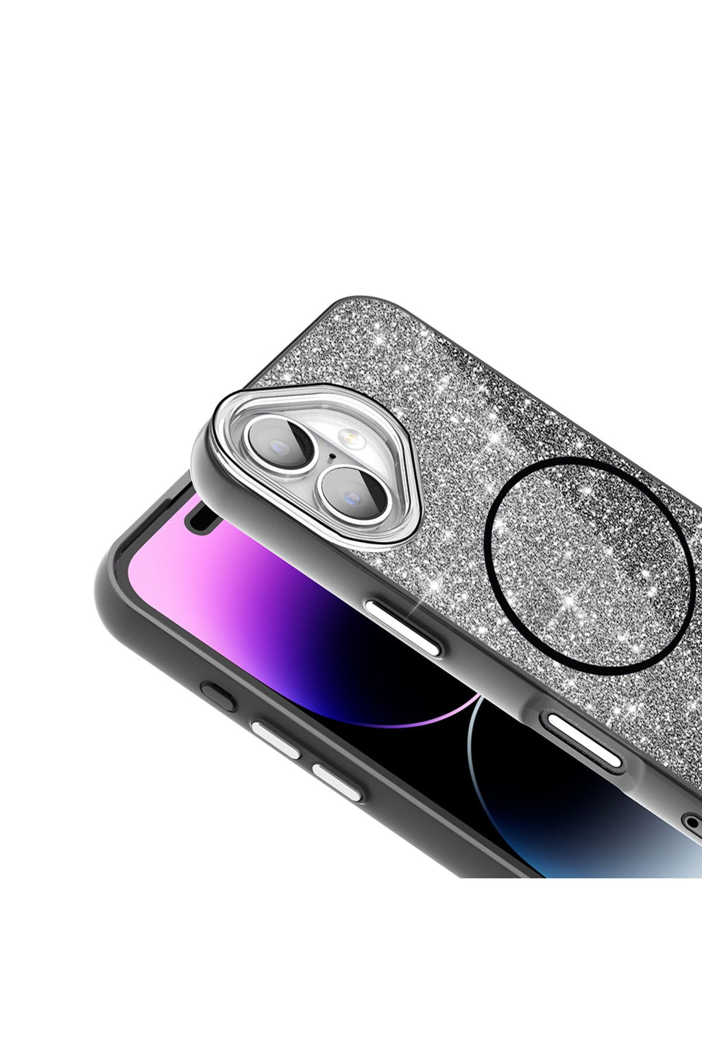 iPhone 16 Plus Kılıf Magsafe Şarj Özellikli Parlayan Simli TQR Okso Kapak - Pembe