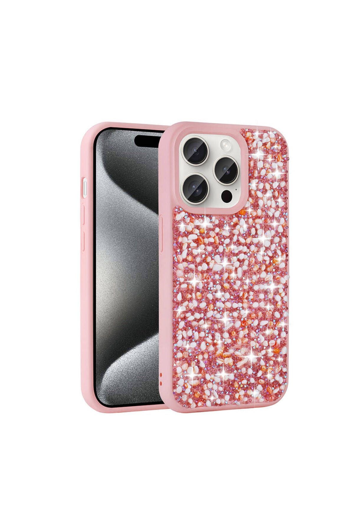 iPhone 15 Pro Max Uyumlu Parlak Taşlı Tasarım CSK Zore Linea Kılıf-Pembe
