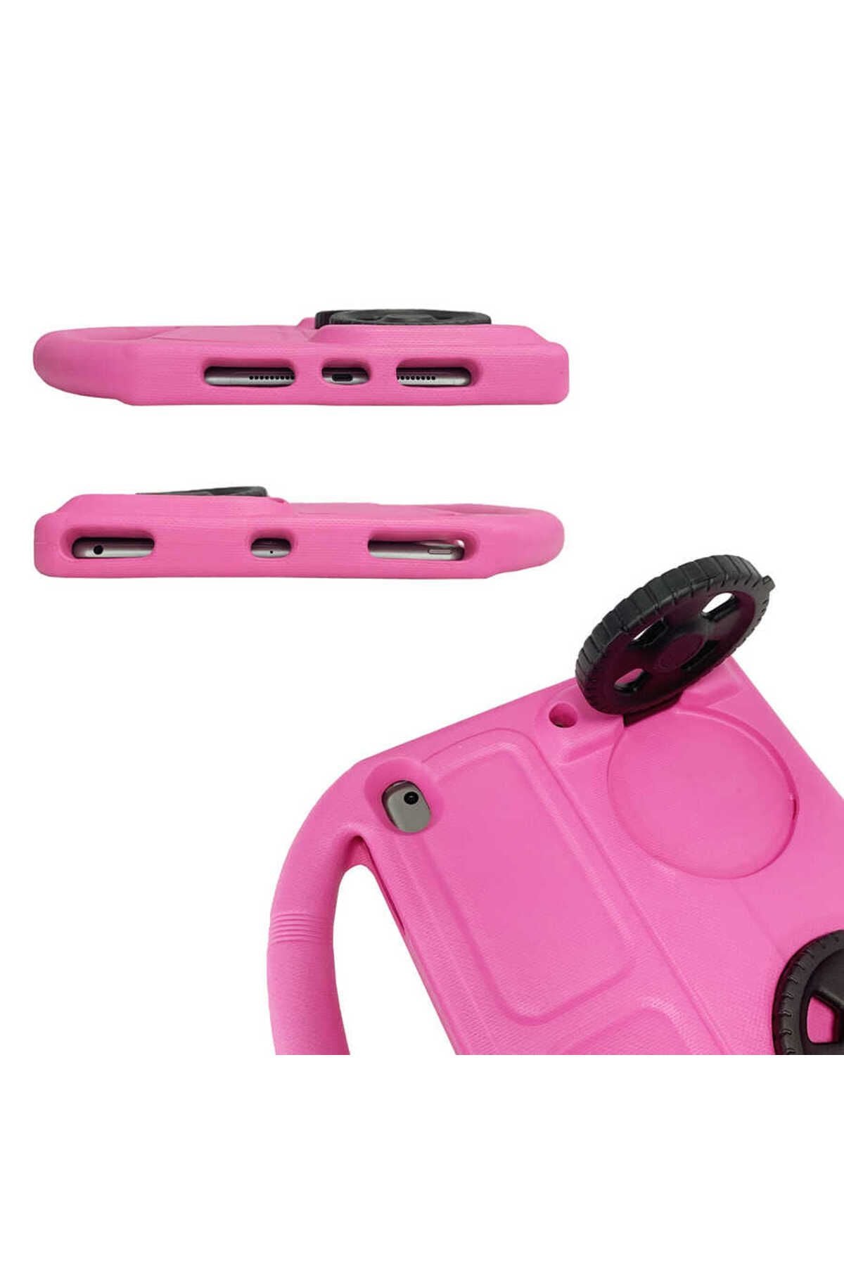 iPad 10.2 (8.Nesil) Zore Wheel Car Tekerlek Standlı Tablet Eva Silikon Kılıf - Pembe Koyu