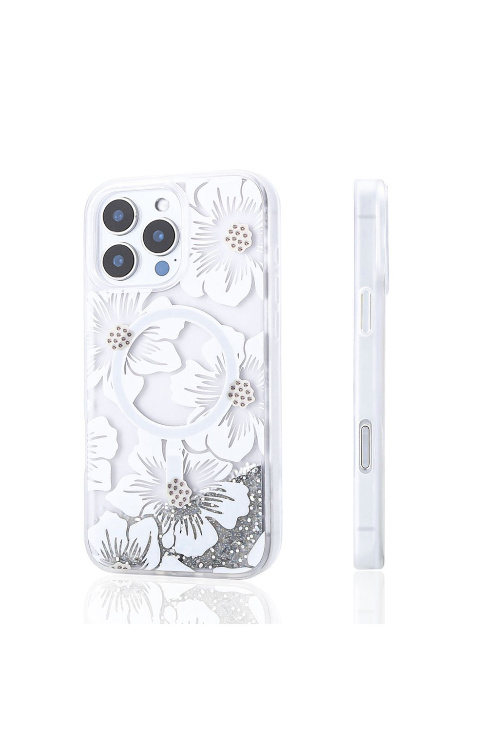 iPhone 16 Pro Kılıf Sıvılı Simli Baskılı Şeffaf Arka Yüzey Zore Mossa Silikon Kapak - Gold