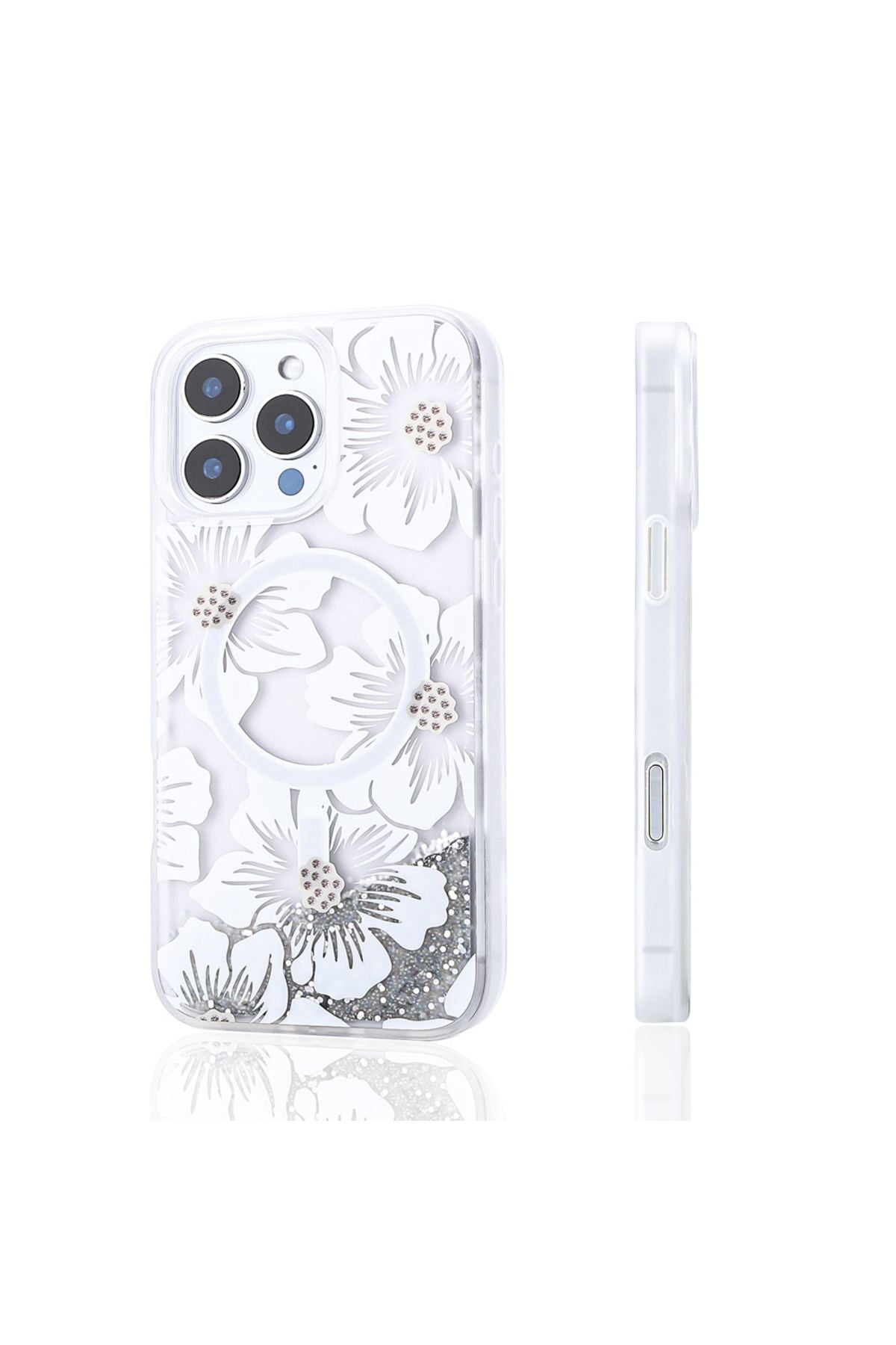 iPhone 16 Pro Kılıf Sıvılı Simli Baskılı Şeffaf Arka Yüzey Zore Mossa Silikon Kapak - Gold