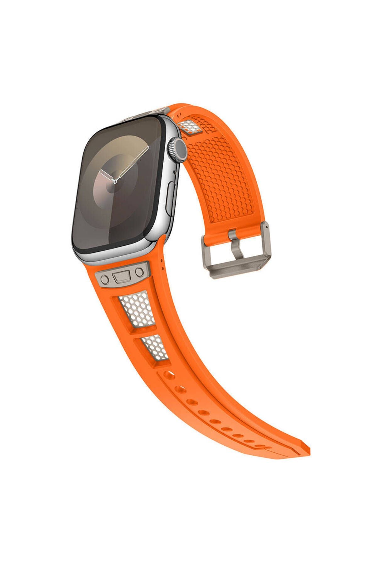 Apple Watch 7 45mm Zore KRD-117 Hava Alabilen Delikli Metal Süslemeli Desenli Silikon Kordon-Titanyu