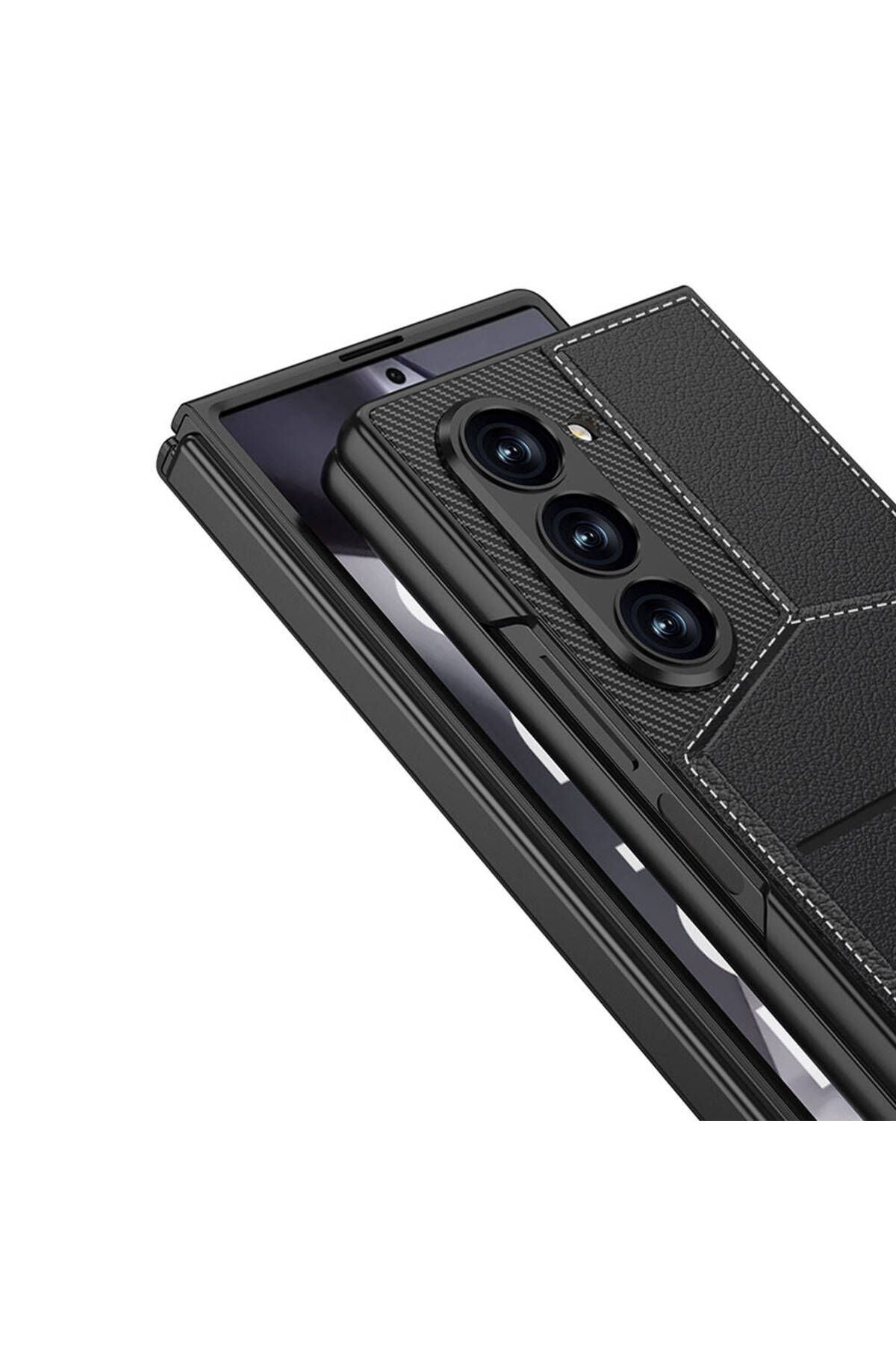 Galaxy Z Fold 6 Kılıf Karbon Fiber Deri Kartlıklı Kıpta Dik Açılan Kartlıklı Kapak