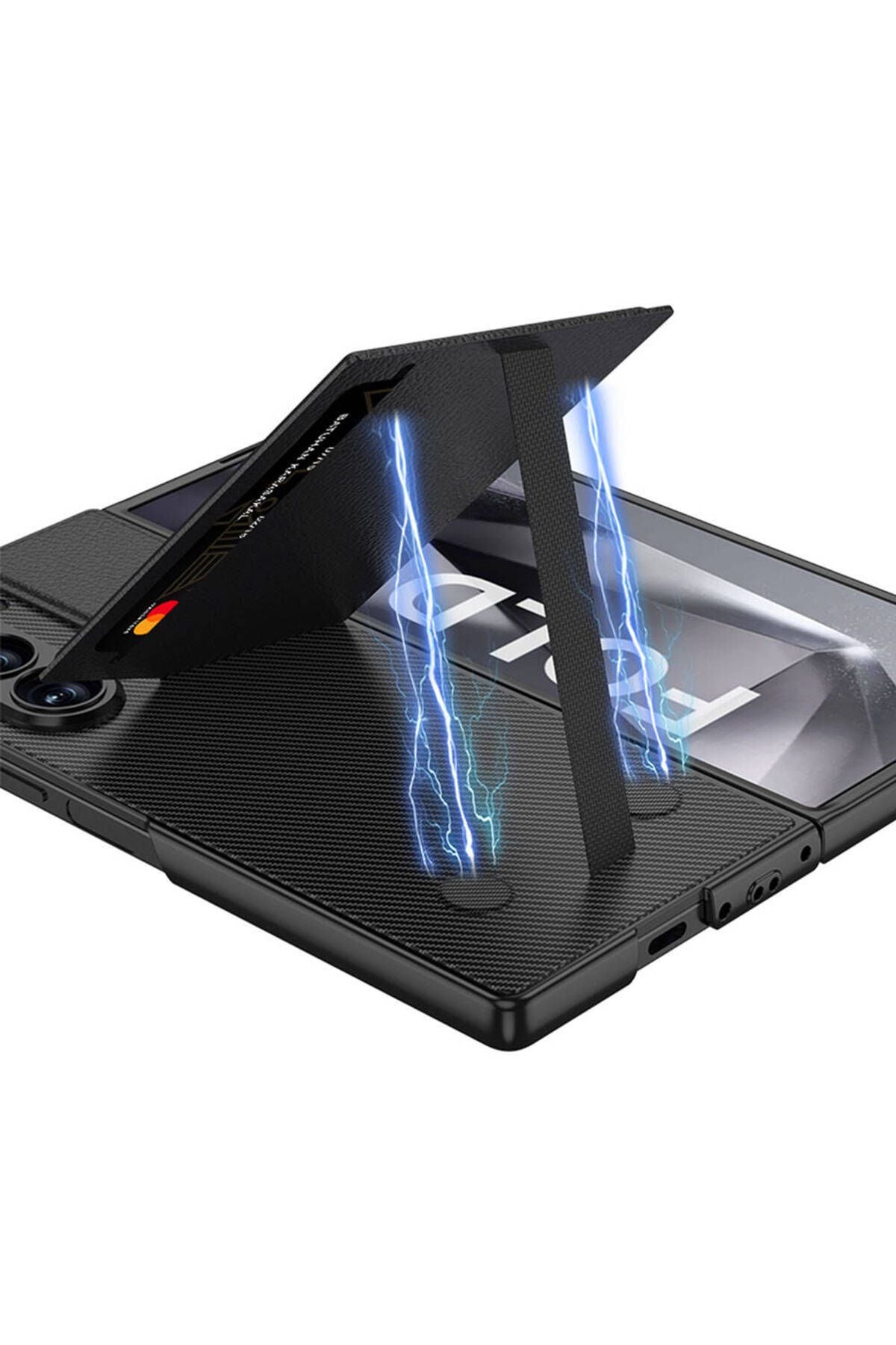 Galaxy Z Fold 6 Kılıf Karbon Fiber Deri Kartlıklı Kıpta Dik Açılan Kartlıklı Kapak