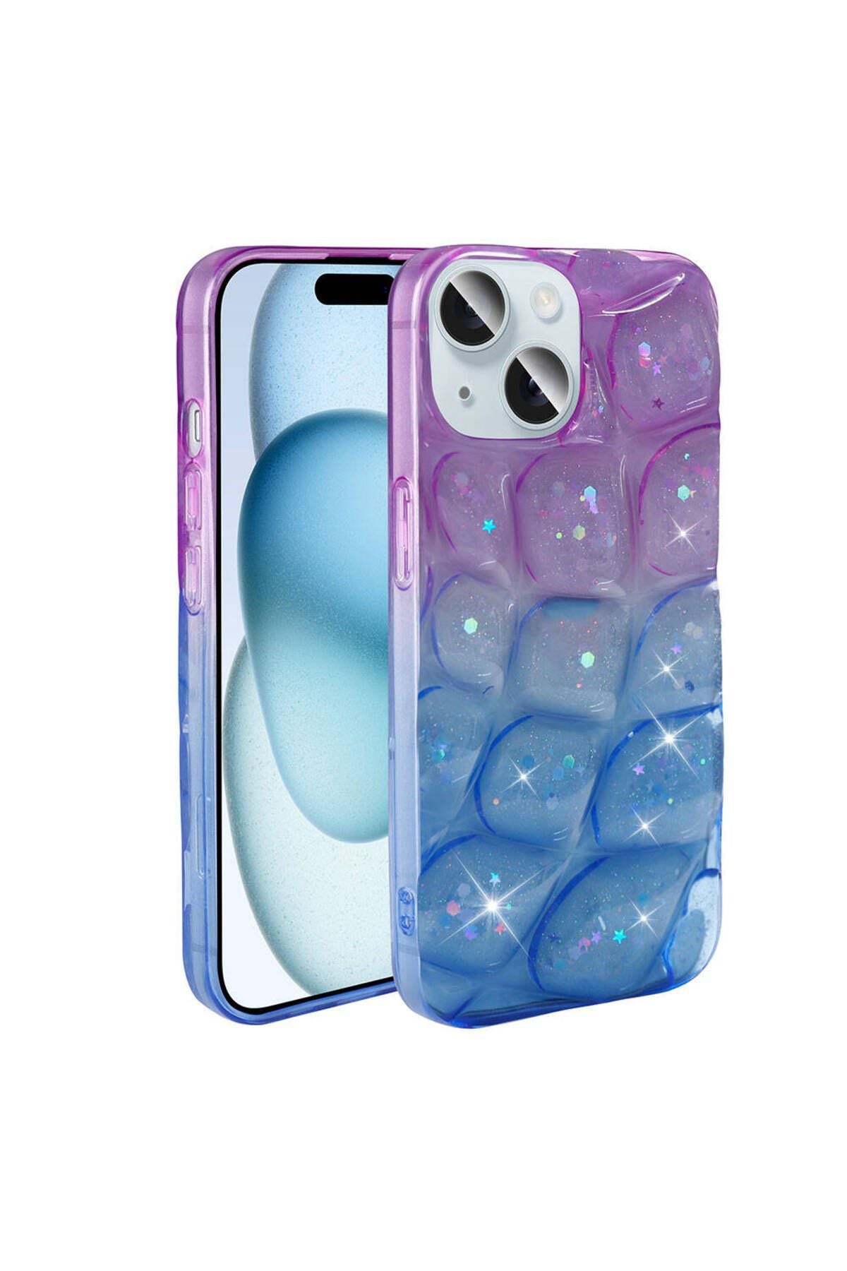 iPhone 15 Uyumlu c312 Kılıf Simli 3D Desenli Zore Hacar Kapak-Mor-Mavi