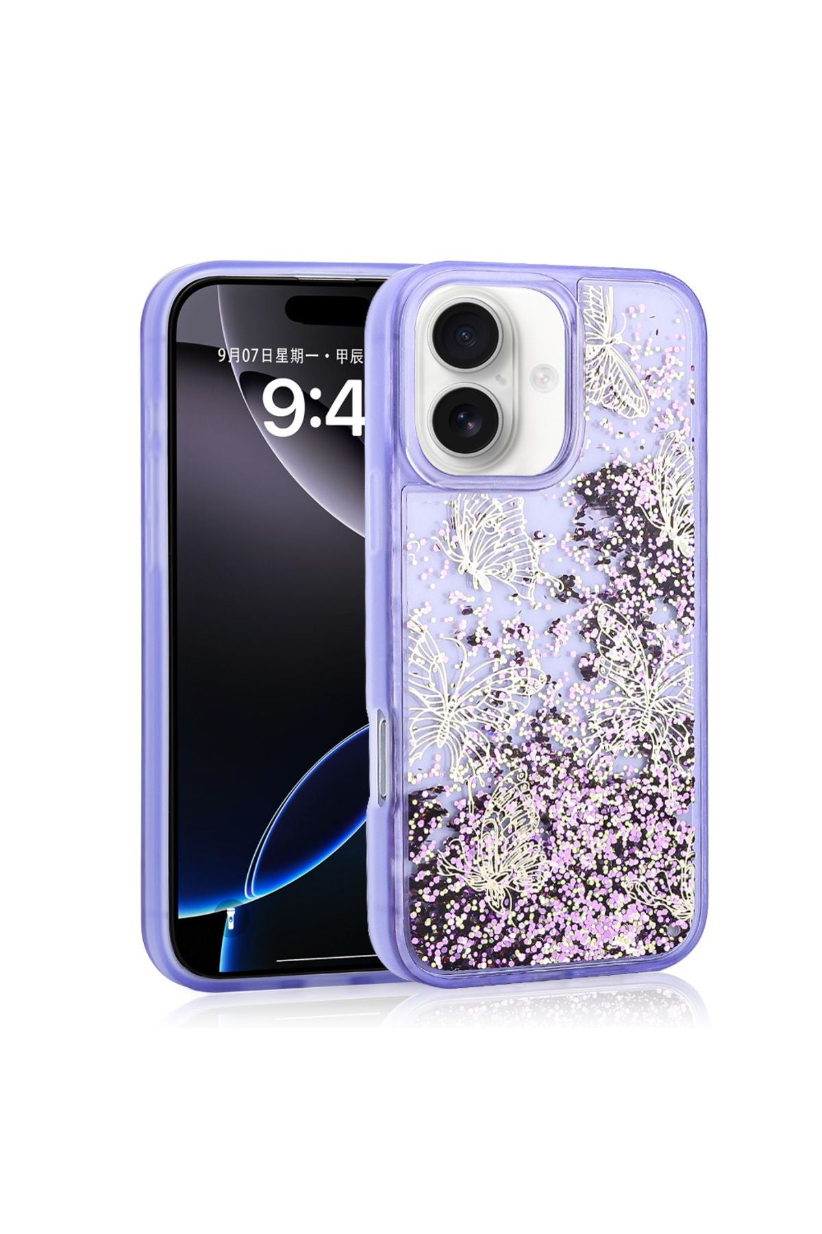 iPhone 16 Uyumlu Kılıf Sıvılı Simli Kelebek Baskılı Şeffaf Arka Yüzey Zore Glis Silikon Kapak-Mor