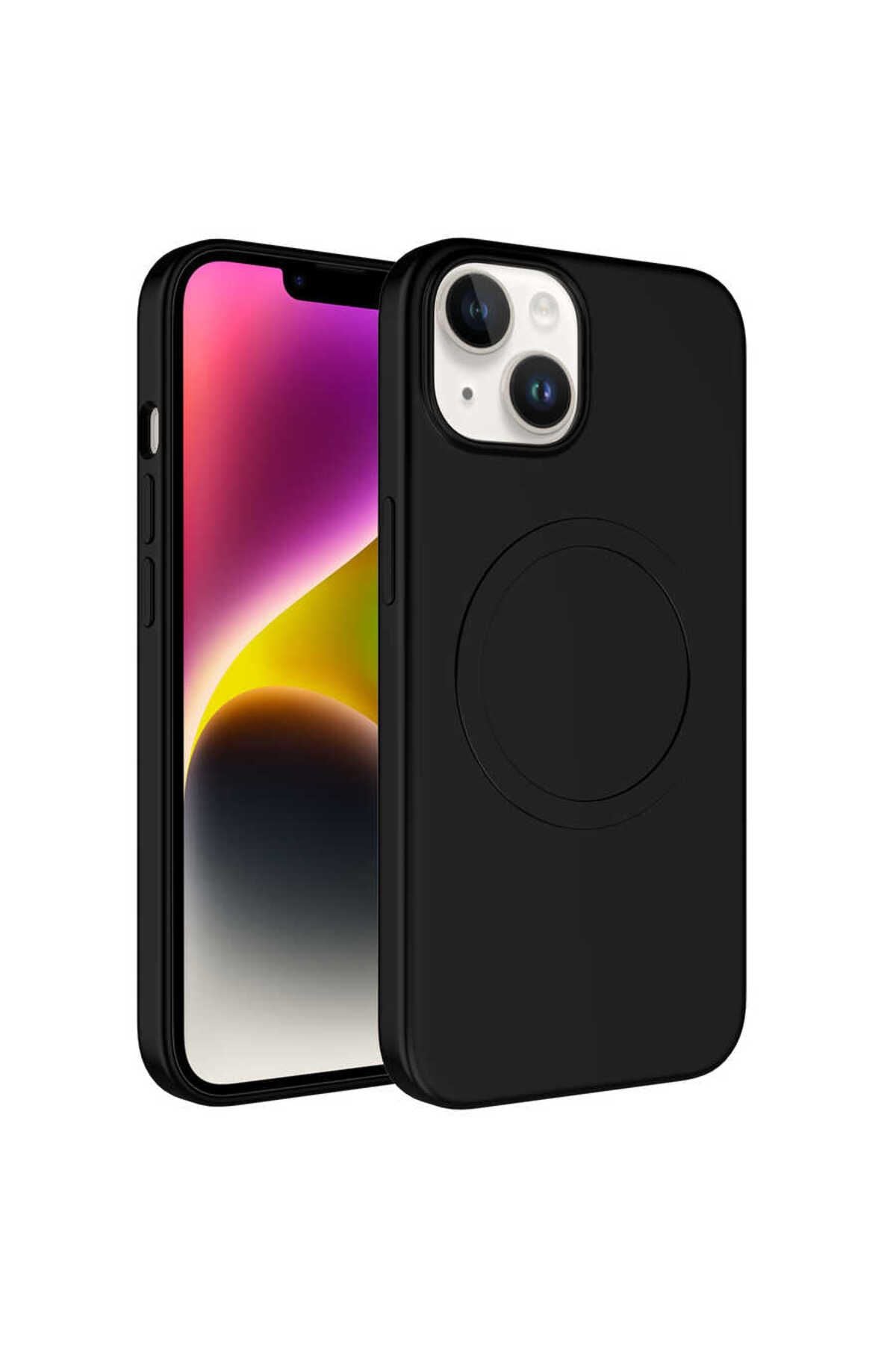 iPhone 14 Uyumlu Magsafe Wireless Şarj Özellikli Pastel Renk Silikon Zore Plas Kılıf-Siyah