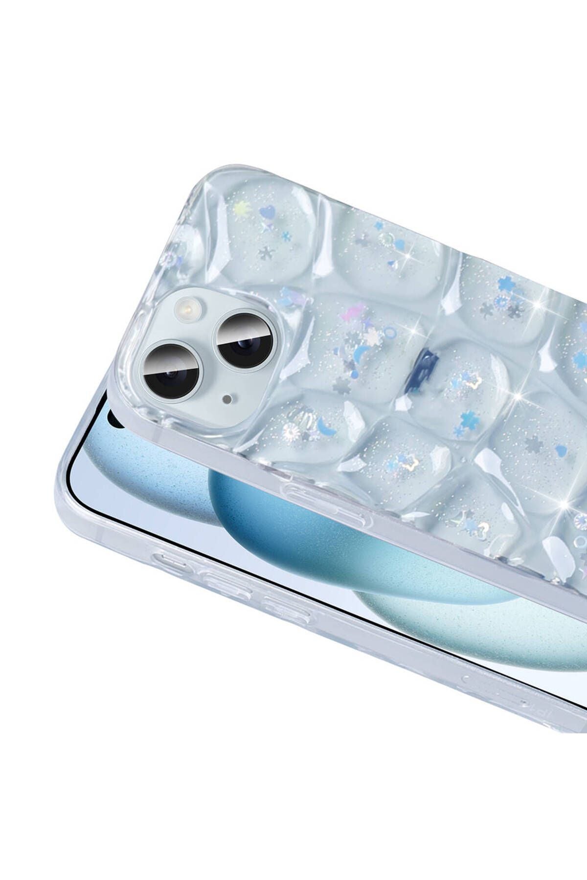 iPhone 14 Uyumlu ODC Kılıf Simli 3D Desenli Zore Hacar Kapak-Pembe-Mavi